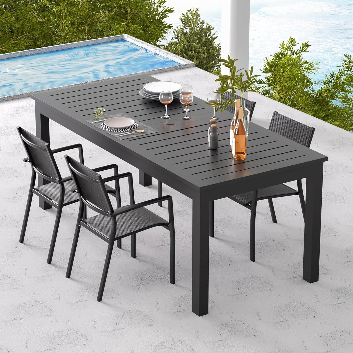 Superjoe Patio Expandable Table Dining Set for 4 to 10, Aluminum Outdoor Dining Table, Rectangular Patio Metal Table with Umbrella Hole for Backyard Porch, Deck ＆ Garden, Easy Assembly, Dark Grey