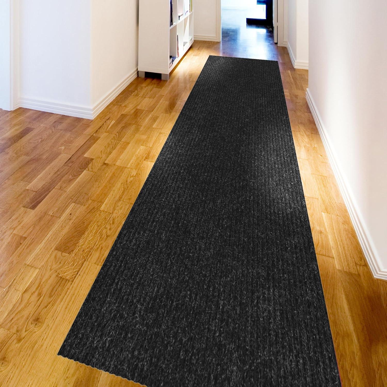 Ottomanson Stepwell Collection Utility Ribbed Garage Mat/Patio/Long Hallway Runner Rug, Black