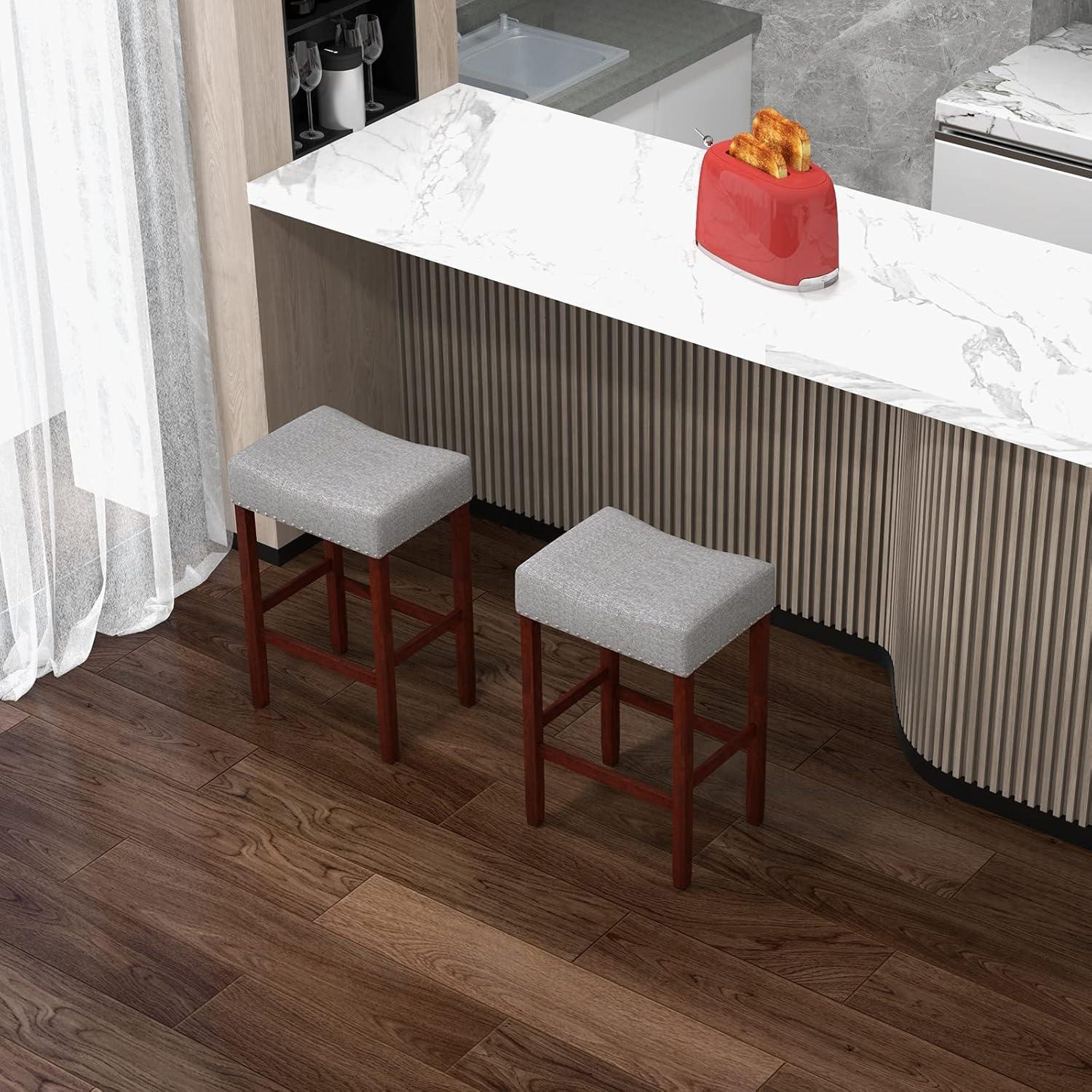 Costway Set of 2 Bar Stools Counter Height Saddle Kitchen Chairs with Wooden Legs Beige