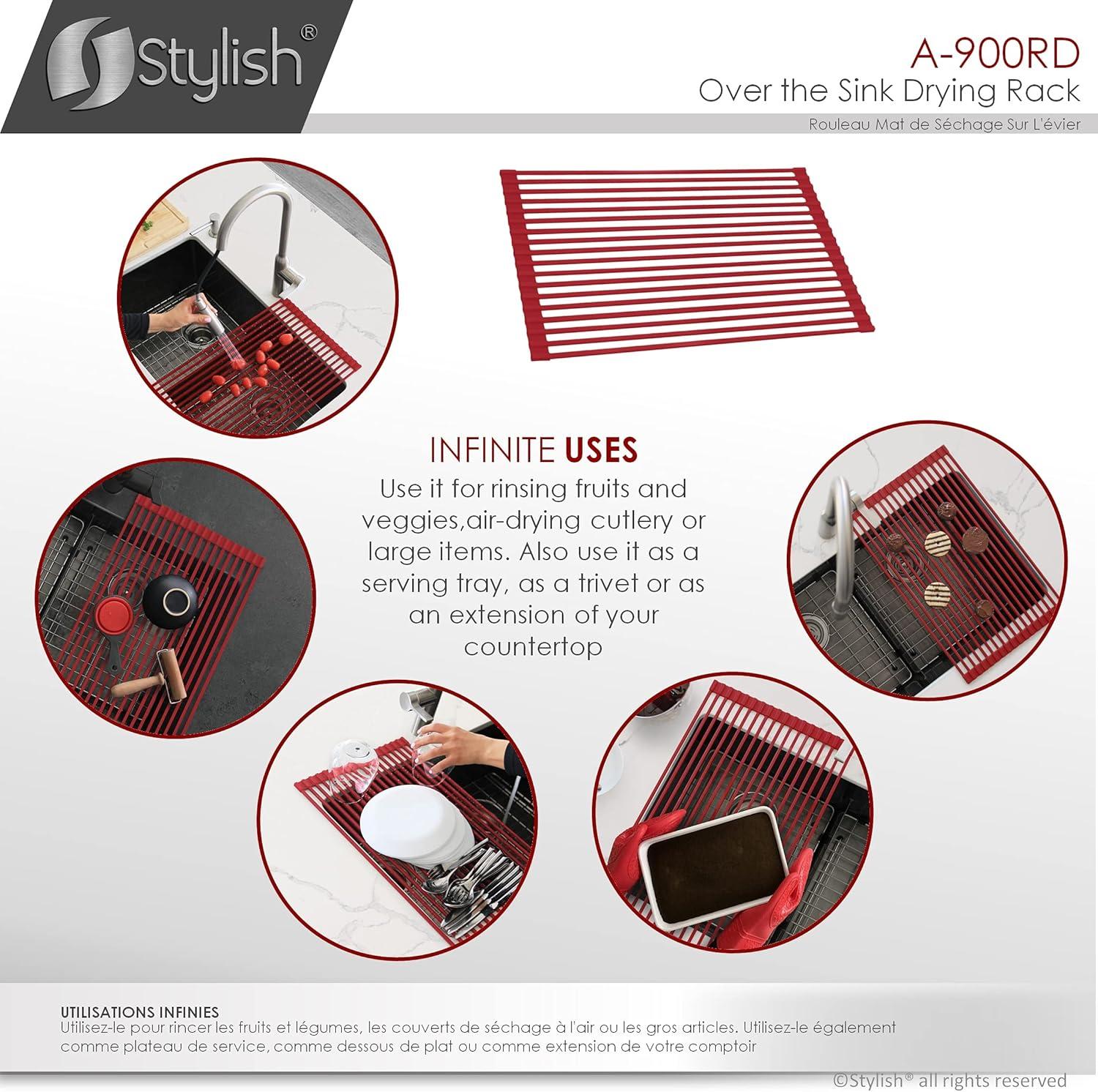 STYLISH Over The Sink Roll Up Dish Drying Rack Heat Resistant Trivet for Drying Dishes and Rinsing Vegetables Dark Grey A-900DG