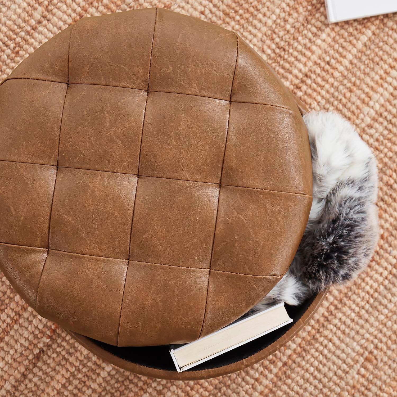 Ornavo Home Faux Leather Upholstered Round Tufted Storage Ottoman with Wooden Legs - Mocha
