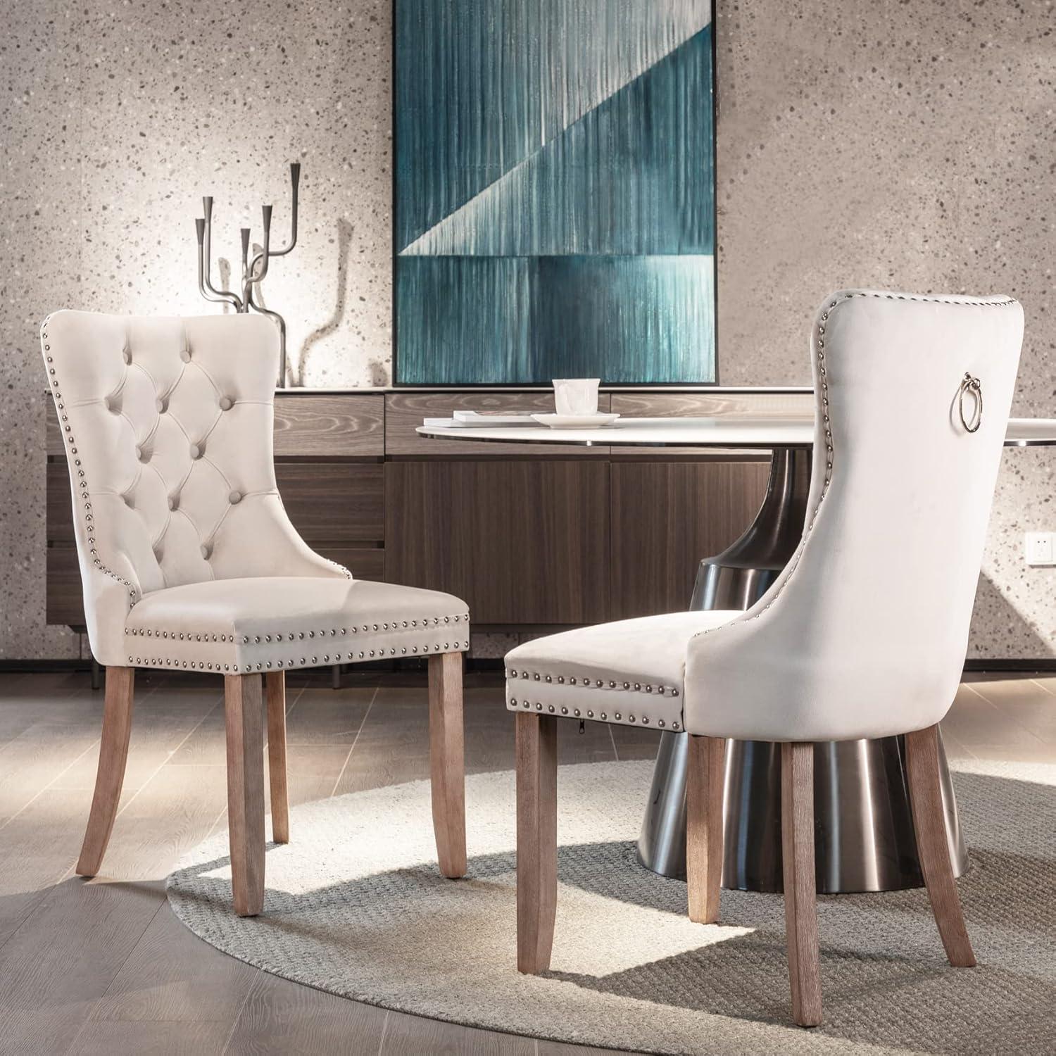 ODUSE-DAILY Beige Velvet Dining Chairs Set of 2, Kitchen & Dining Room Chairs, Tufted Dining Chairs, Fabric Upholstered, Solid Wood, Sillas De Comedor (Beige, 2 Pcs)