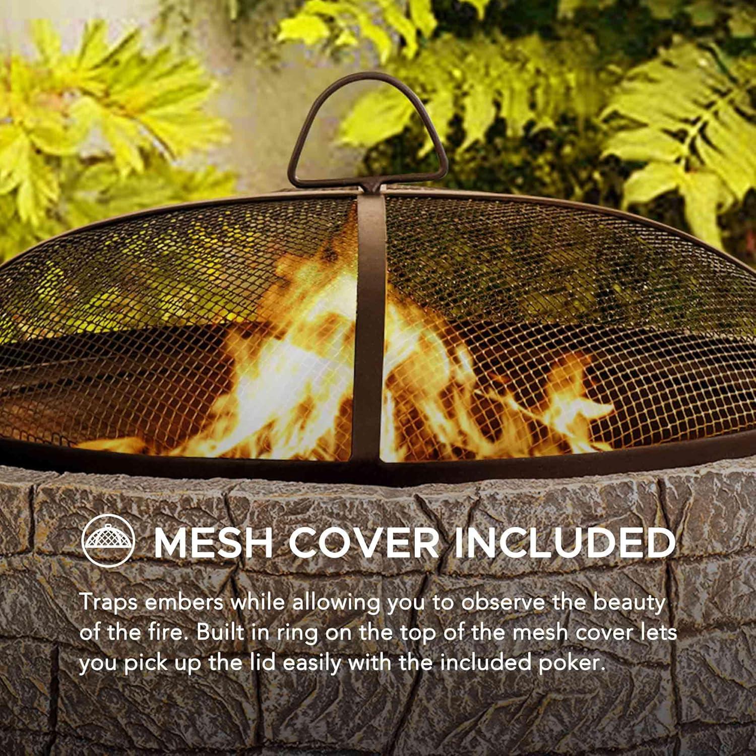 Sunjoy Stone Fire Pit 26 Inch, Outdoor Round Wood Burning Fire Pits with Spark Screen and Poker Grey