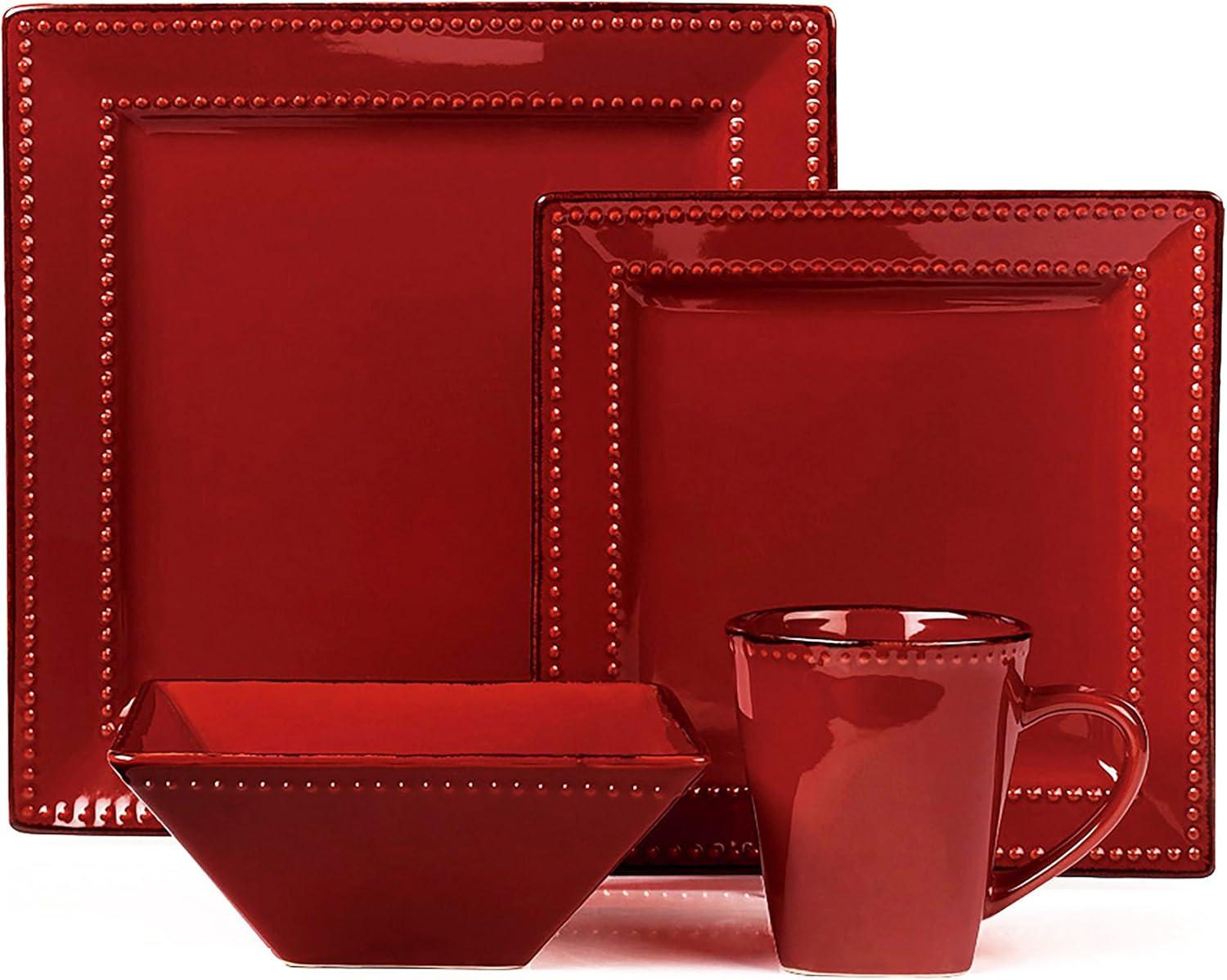 16 Piece Square Beaded Stoneware Dinnerware by Lorren Home Trends, Red