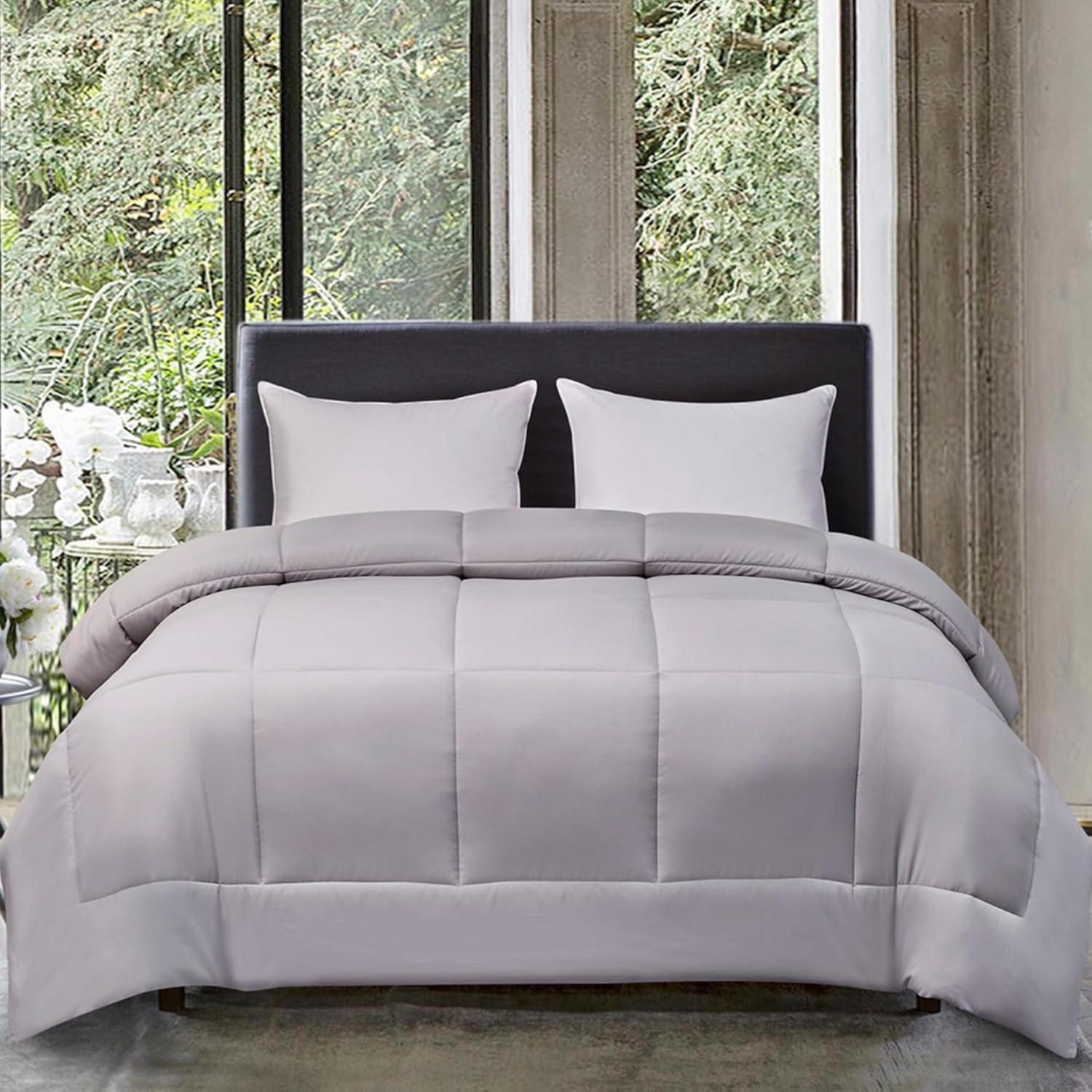 Blue Ridge Home Fashions Two-Tone Reversible Microfiber Down Alternative All Season Comforter-Hypoallergenic Polyester Fill, Full/Queen, White/Platinum