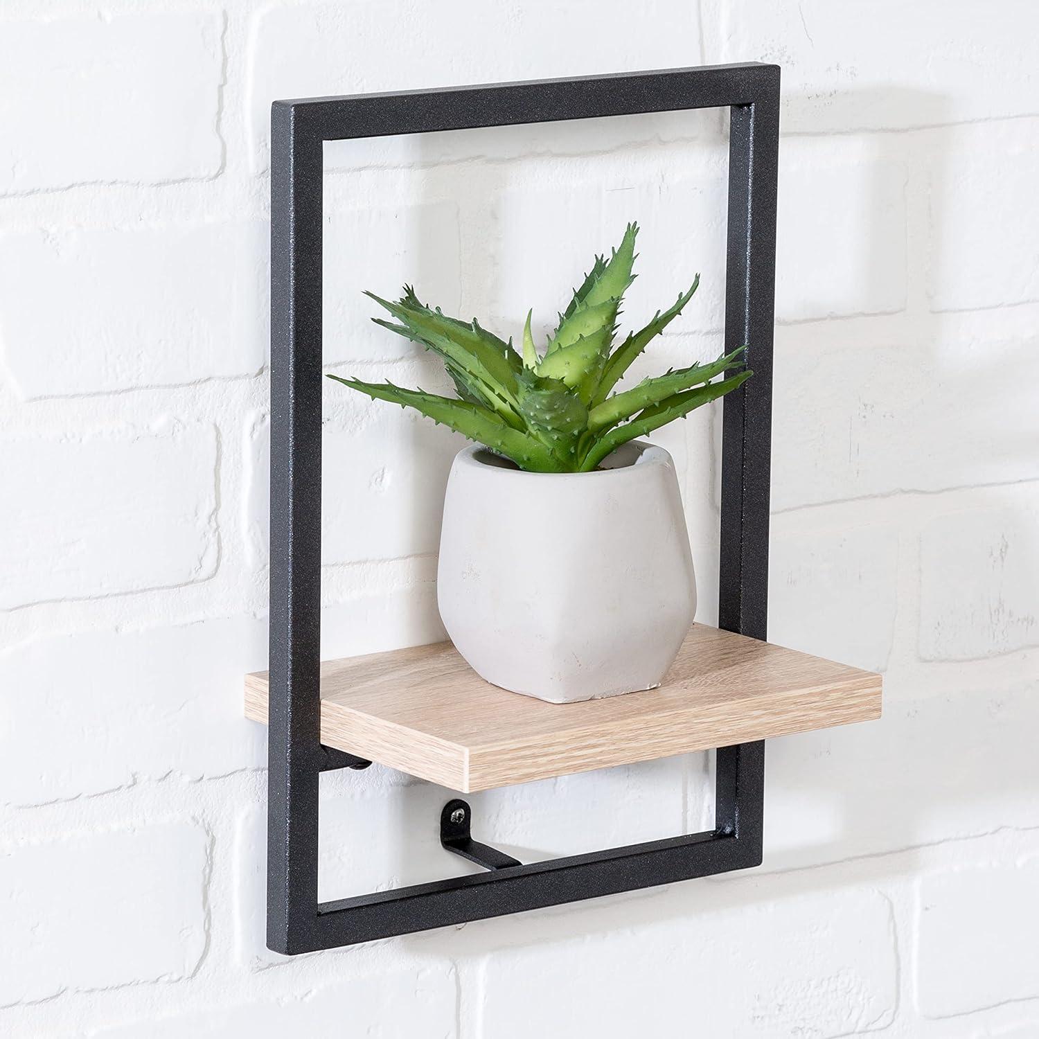 Black Steel and Wood Floating Wall Shelf