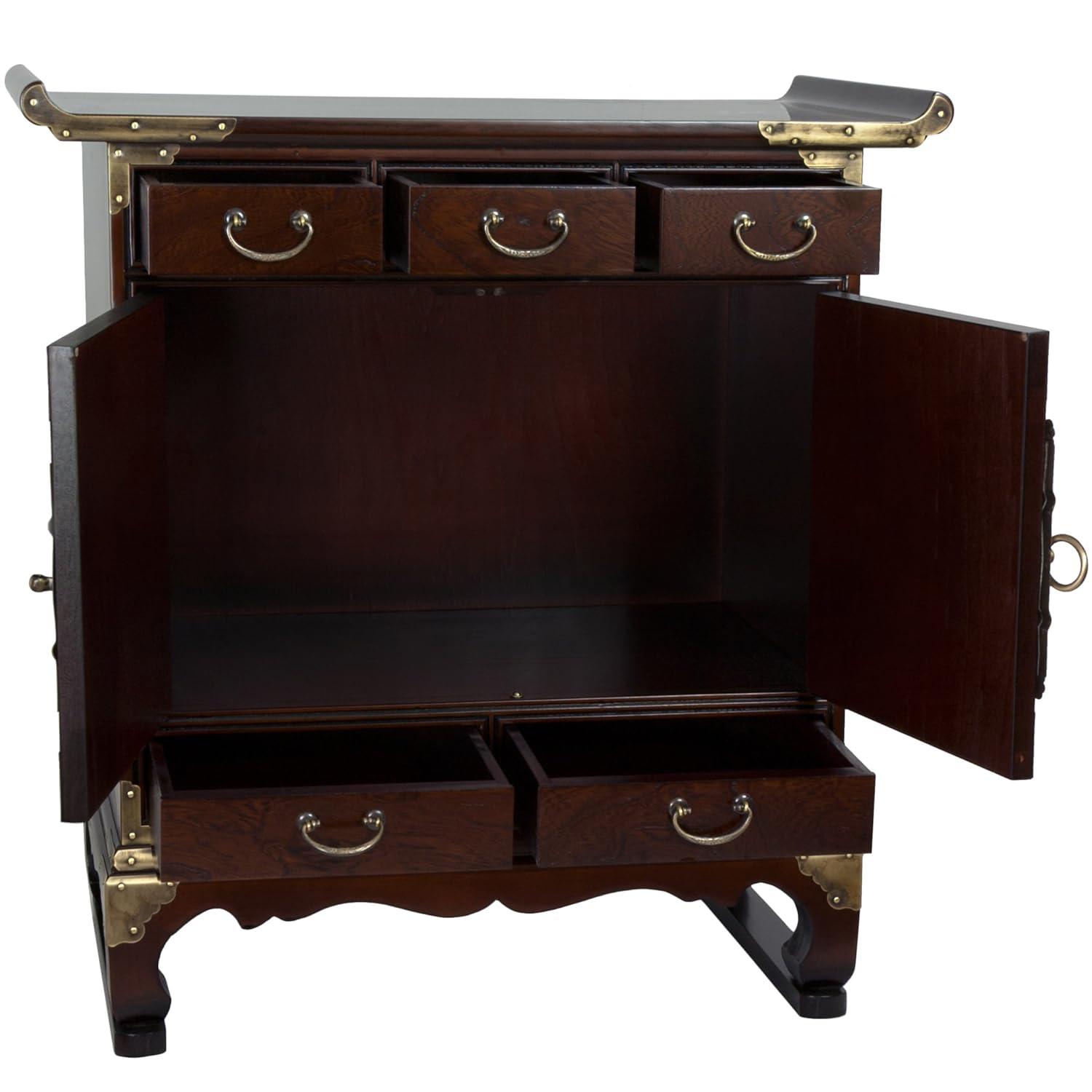 Red Lantern Korean Antique Style 3 Drawer End Table Cabinet, Cognac