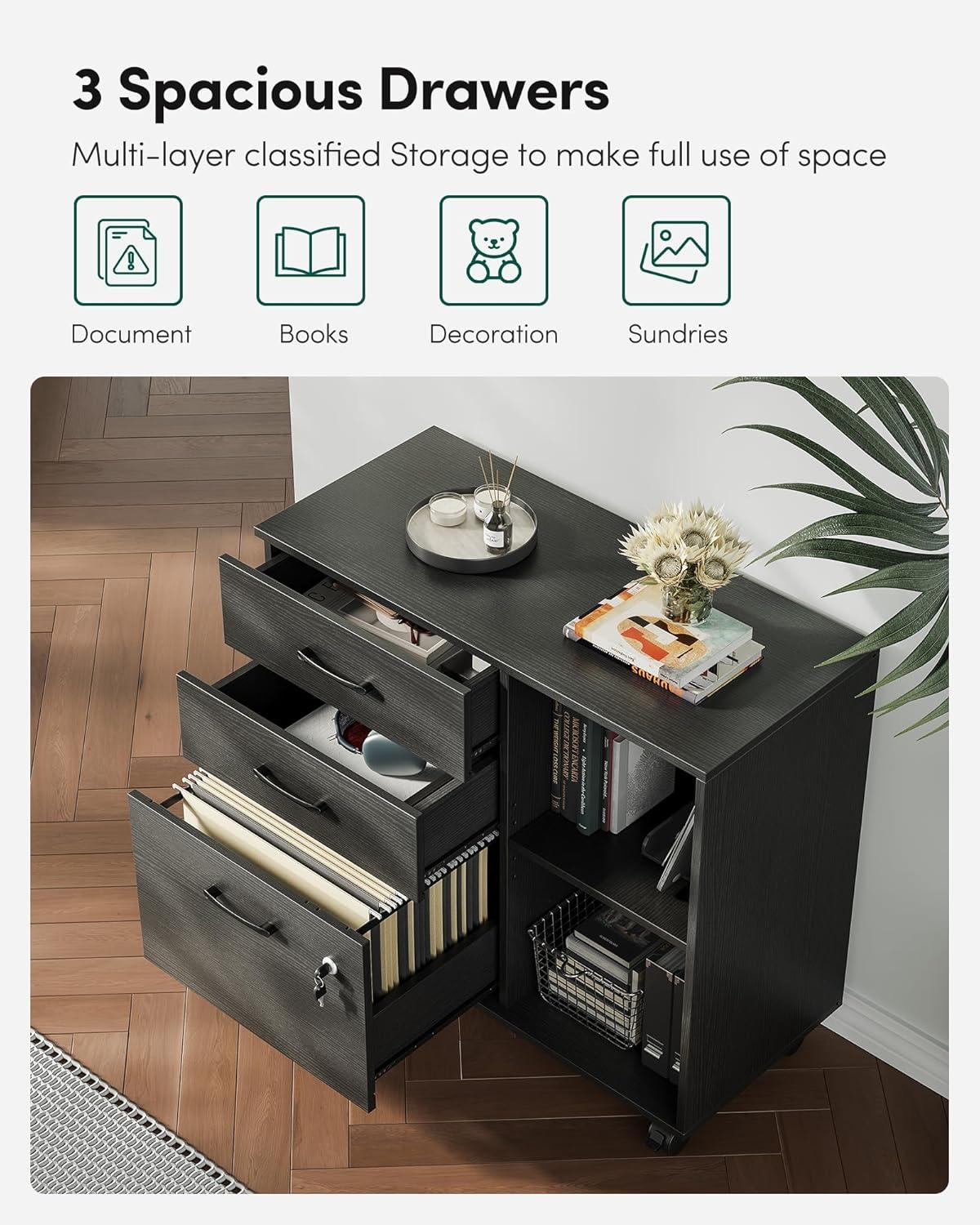 3-Drawer Mobile File Cabinet, Lateral Filing Cabinet with Lock, Printer Stand with Open Storage Shelves for Home Office, Filing Cabinets for Home Office, Black