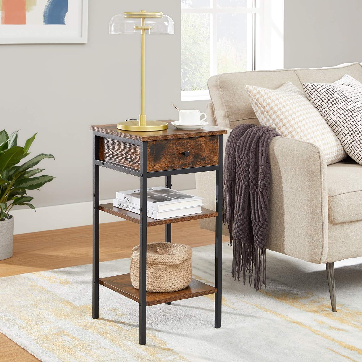 VASAGLE End Table Side Table Industrial Nightstand with 1 Drawer and 2 Shelves Rustic Brown