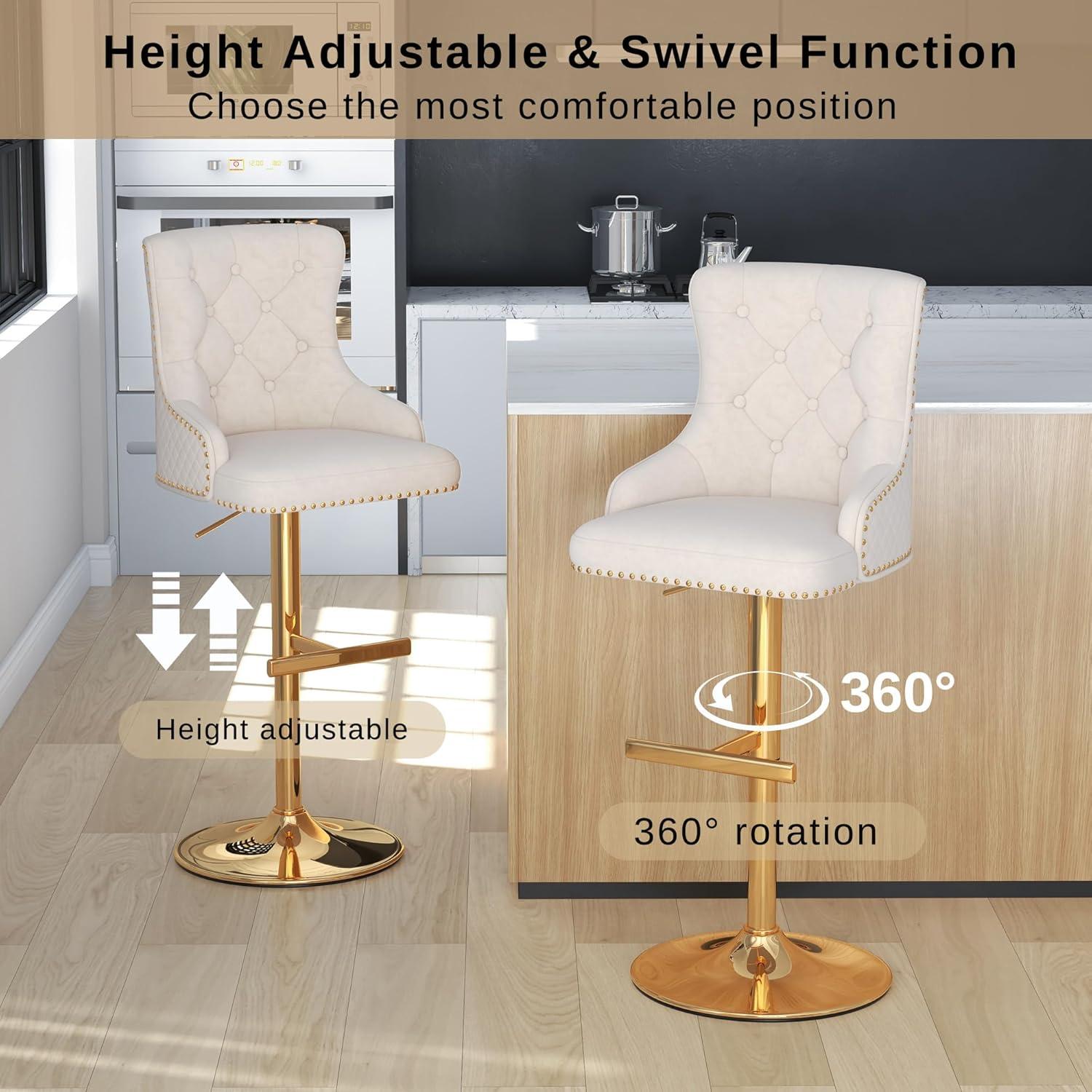 Bar Stools Set of 2, Swivel Barstools with Nailheads Trim, Velvet Button Tufted Back and Golden Footrest, Adjustable Counter Height Bar Stools for Kitchen Counter,Home Bar,Pub, Beige