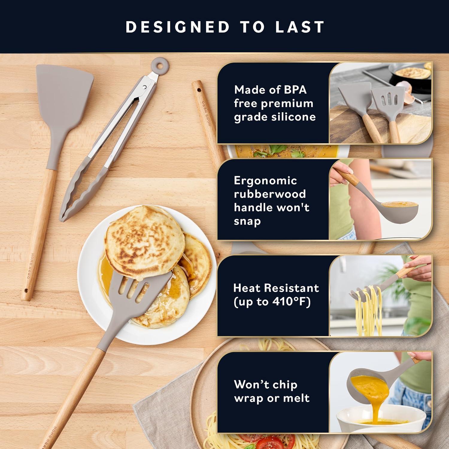 33 Pcs Silicone Kitchen Utensils Set, Khaki Kitchen Cooking Utensils Set with Natural Hard Wood Handle, Silicone Utensils Set with Holder, Heat Resistant, BPA Free, Non Toxic