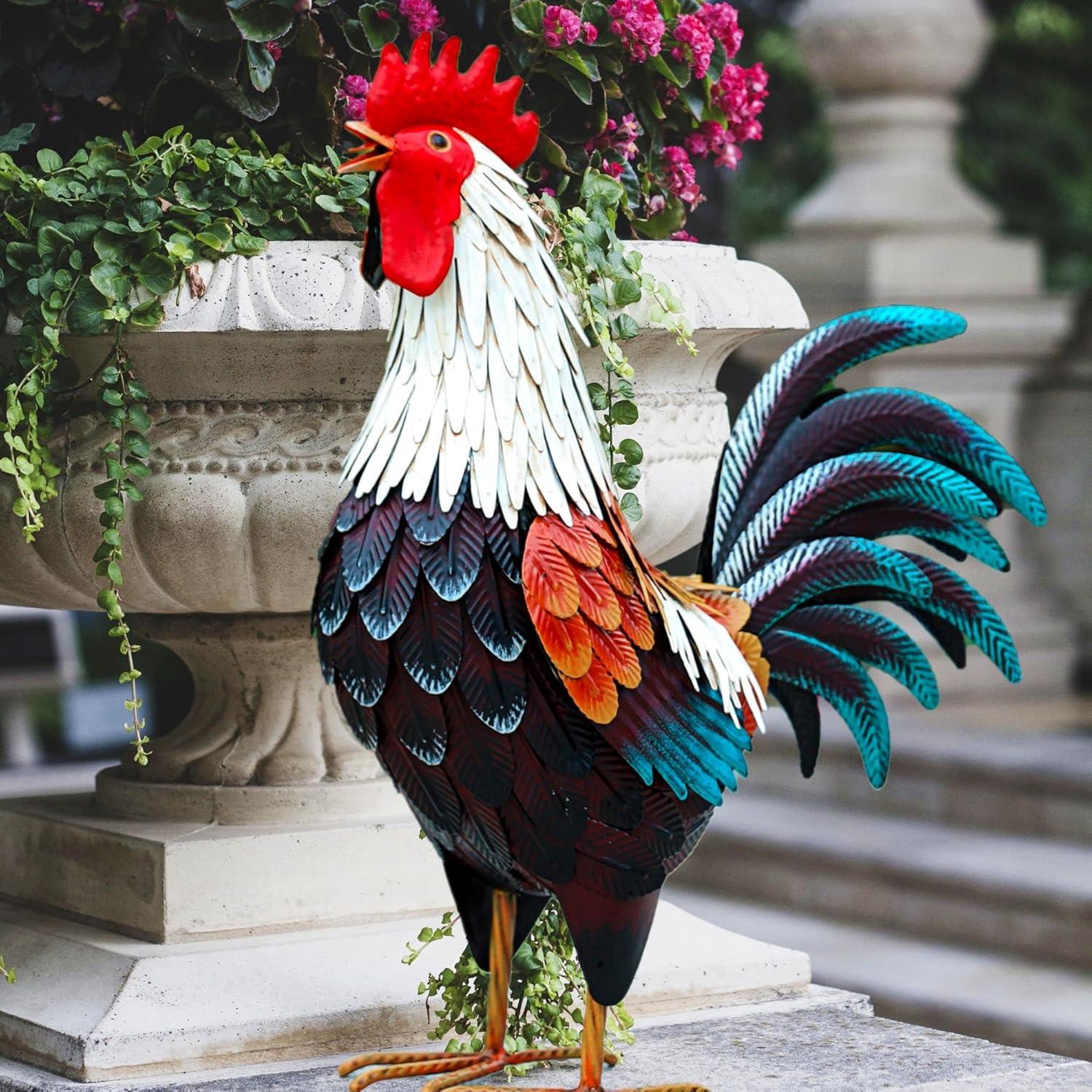 Handcrafted Multicolor Metal Rooster Garden Statue