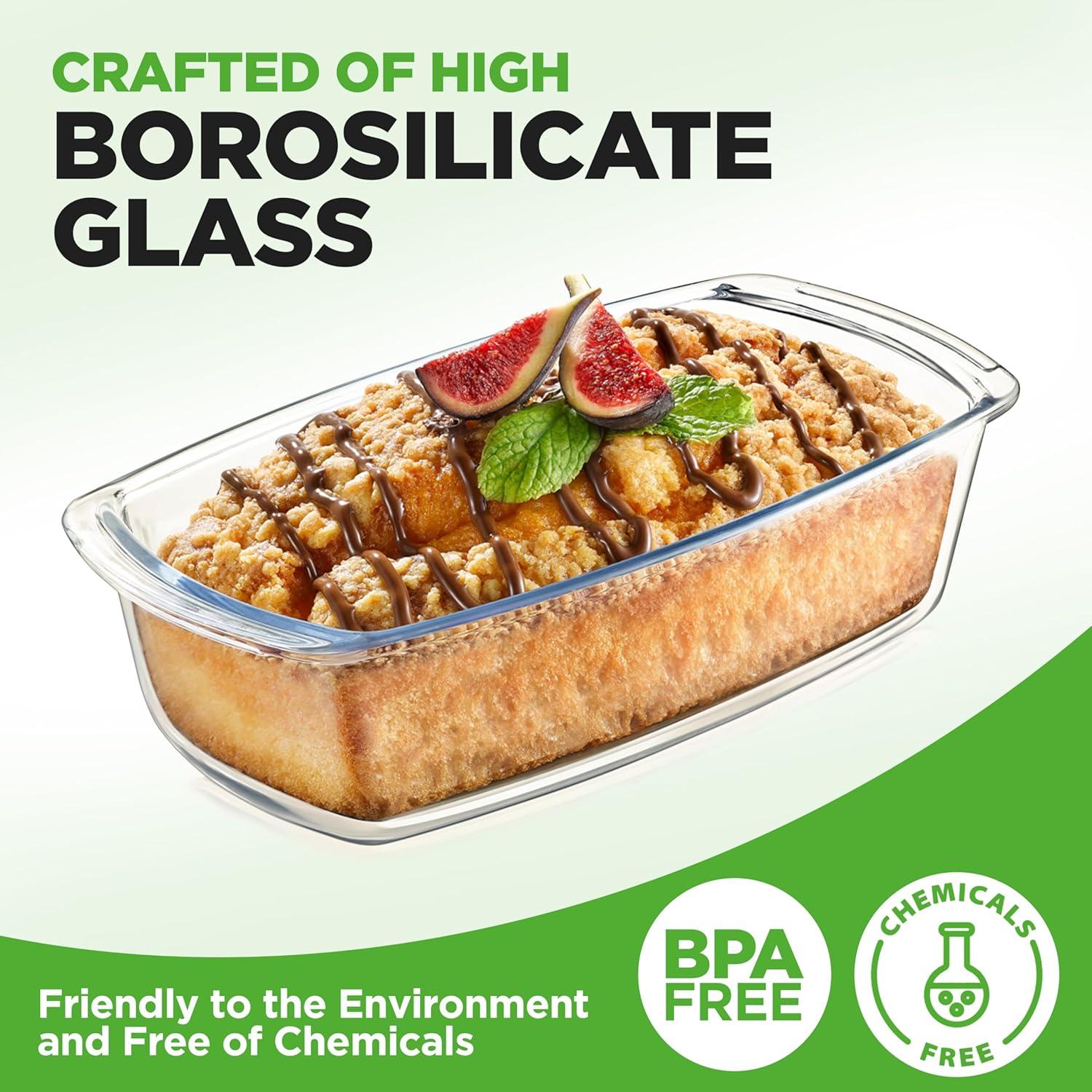 3-Piece Glass Loaf Pan Set - 1.9 QT Premium Stackable Food Containers w/ Airtight Locking Lid - Oven, Microwave, & Dishwasher Safe - 62oz Bread Pan Dish, Clear Glass