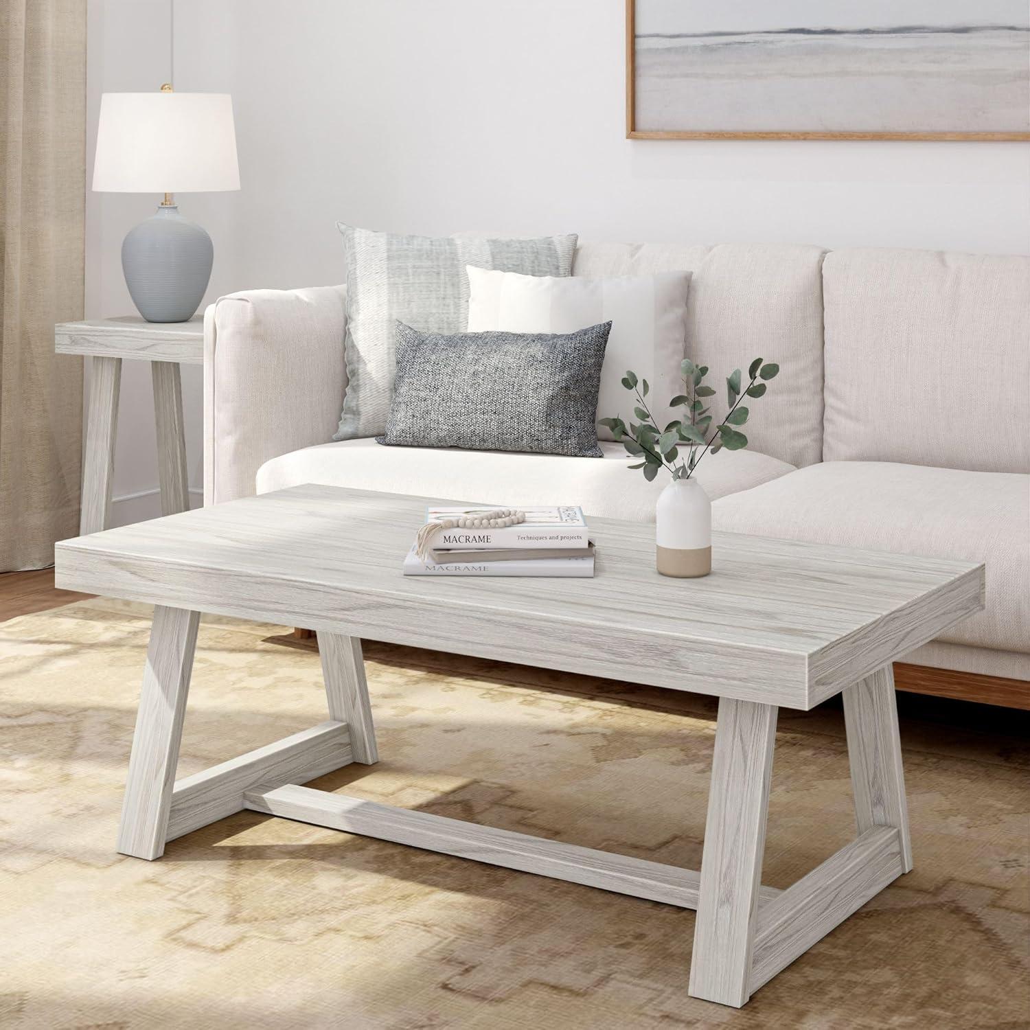 Plank+Beam Farmhouse Coffee Table, 48" Solid Wood Tables for Living Room, Rectangular Center Table