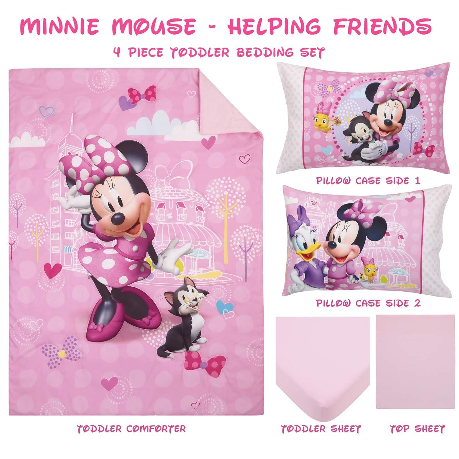 Disney Minnie Mouse 4 Piece Bedding Sets, Toddler Bed with Comforter, Fitted Sheet, Flat Top Sheet, Pillowcase