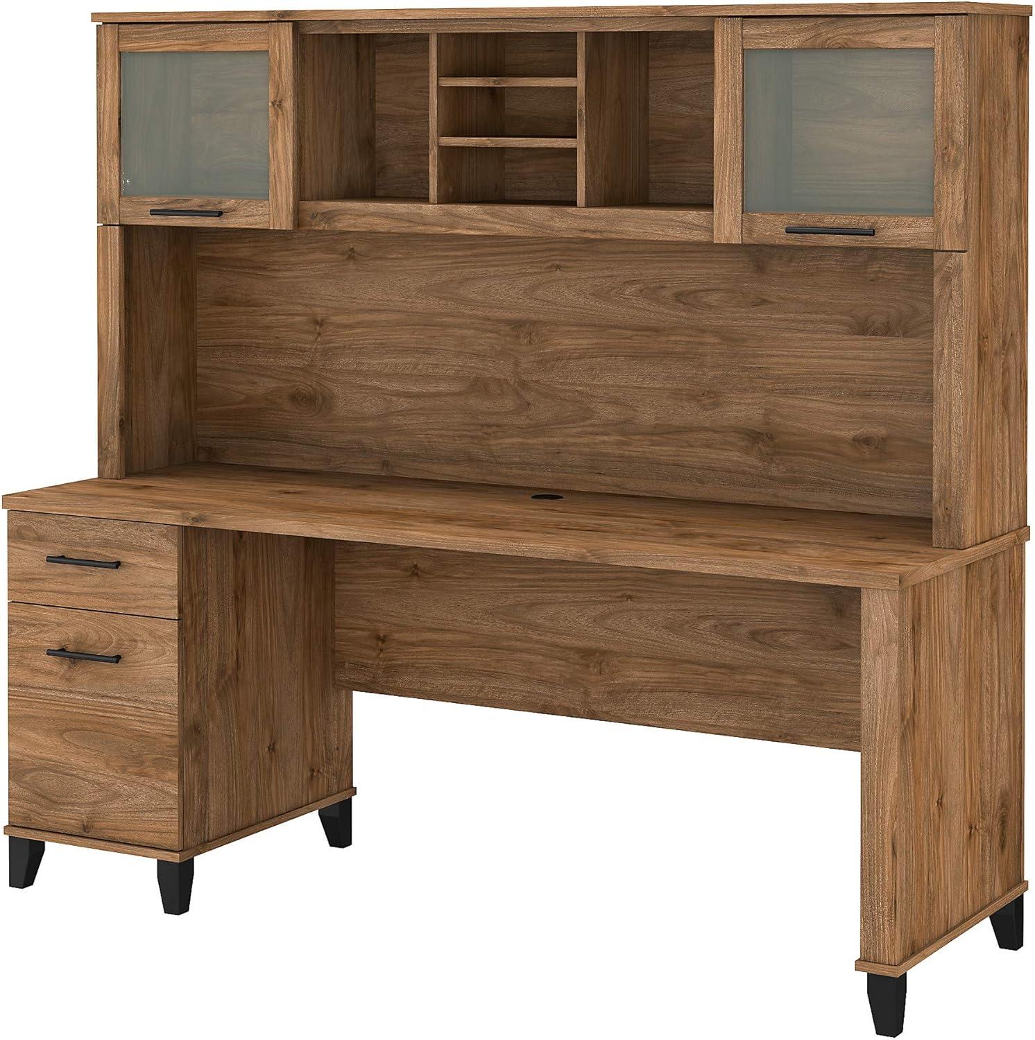 Elegant Fresh Walnut Engineered Wood Office Desk with Hutch and Drawers