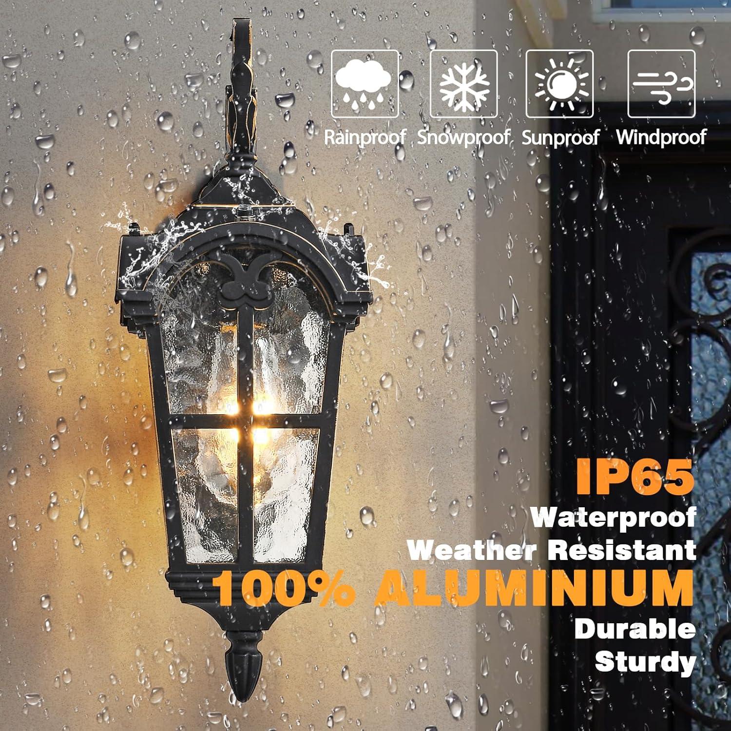 Dusk to Dawn Outdoor Wall Lights 17.1" H Large Exterior Lighting Fixtures Black Porch Light Waterproof Roman Wall Lantern with Water Ripple Glass for House Garage Patio