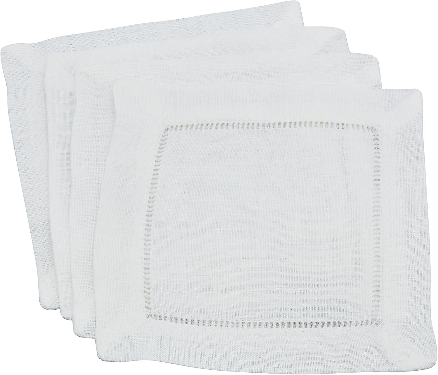 White Hemstitched Linen 6" Square Cocktail Napkins, Set of 4