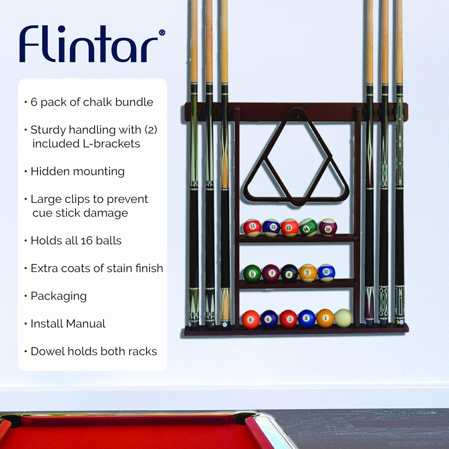 Flintar Wall Cue Rack, Premium Billiard Pool Cue Stick Holder, Made of Solid Hardwood, Improved Direct Wall Mounting, Cue Rack Only (Cues, Balls and Ball Rack not Included), Black Finish