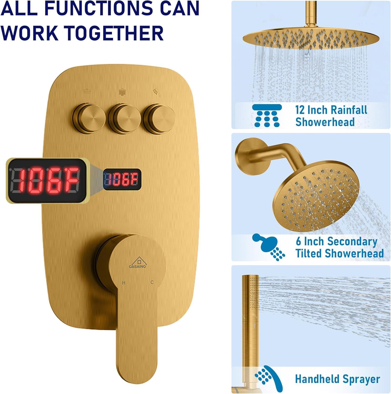 Rainfall Symphony 12inch Dual Showerhead Temperature Display Shower System with 2 in 1 Slider Bar Shower Handheld