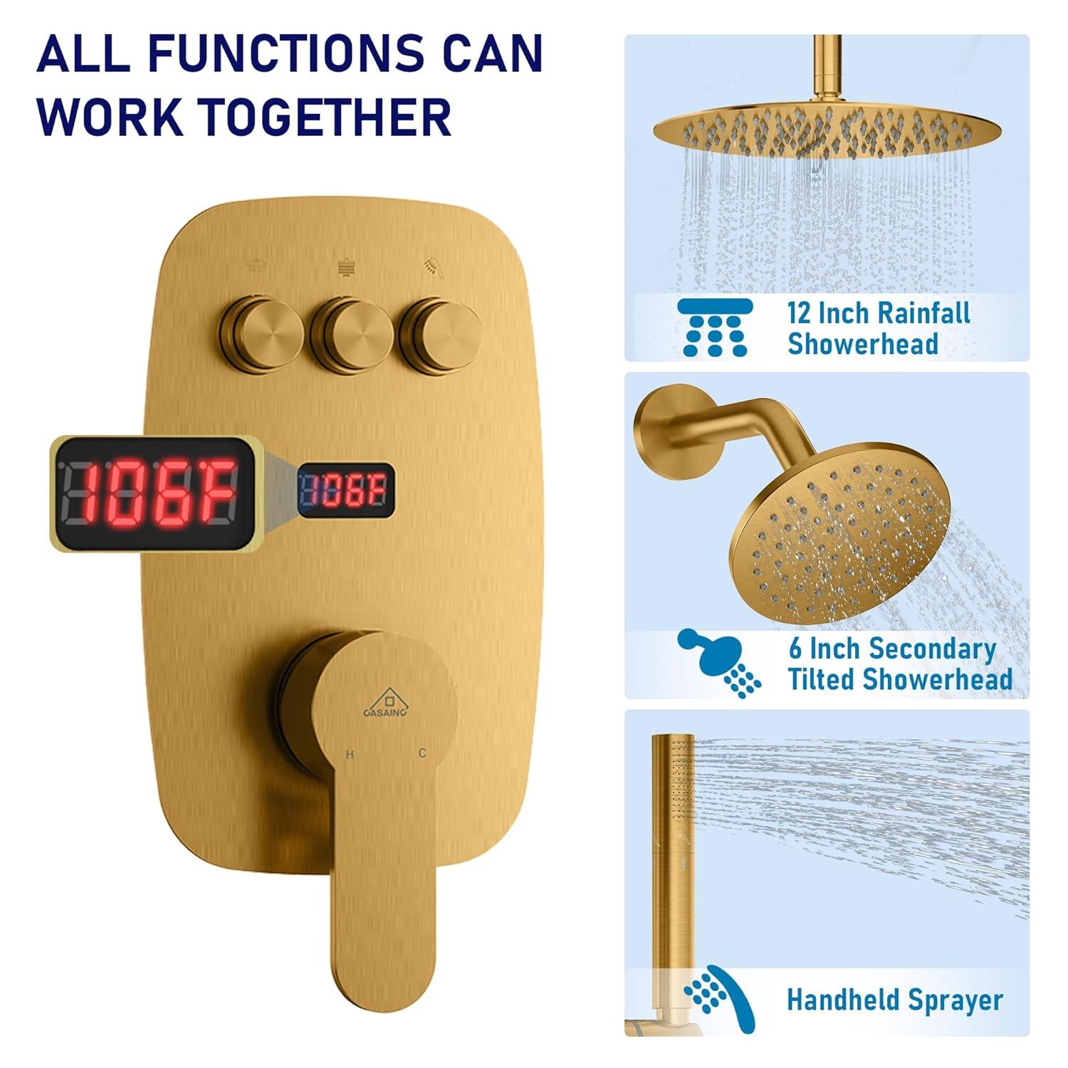 Rainfall Symphony 12inch Dual Showerhead Temperature Display Shower System with 2 in 1 Slider Bar Shower Handheld