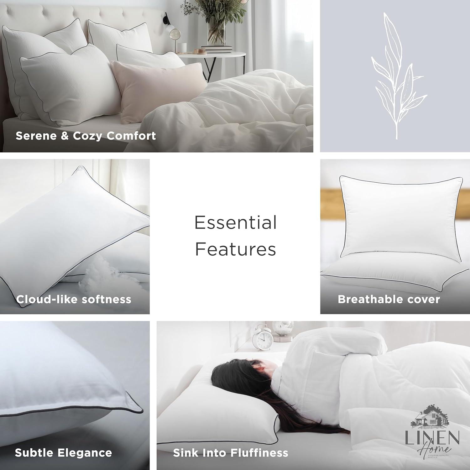 Linen Home Down Alternative Pillows with Grey Piping, Queen Size Pillows Set of 2, Bed Pillows for Side and Back Sleepers, Cooling Pillows for Sleeping, Ideal for Pillowcases Size - 20 X 30 inches