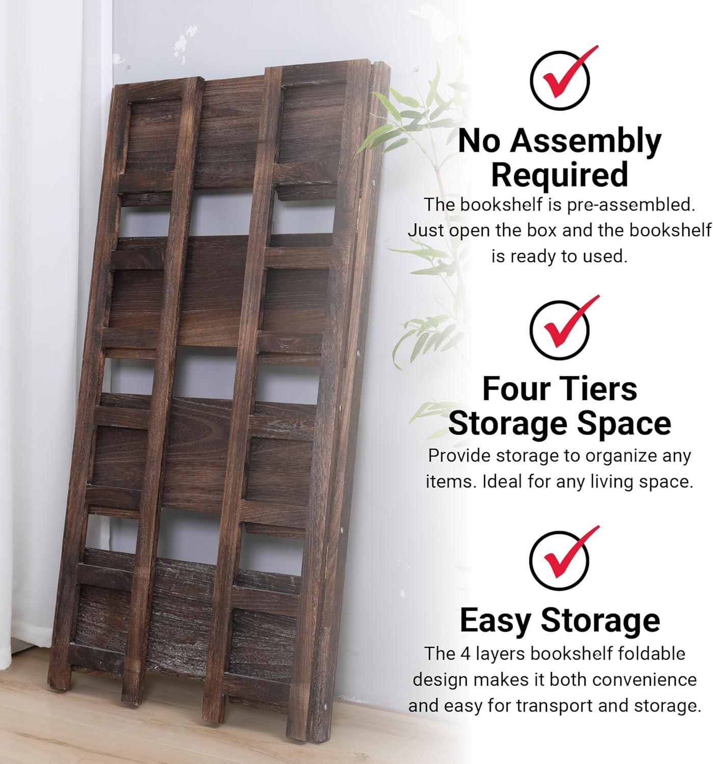 Proman Product Hickory 4 Layers Folding Bookshelf, Paulownia Wood, Walnut Color