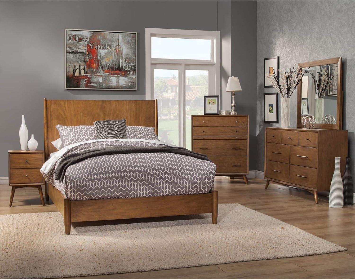 Alpine Furniture Flynn Mid Century Standard King Wood Panel Bed in Acorn (Brown)