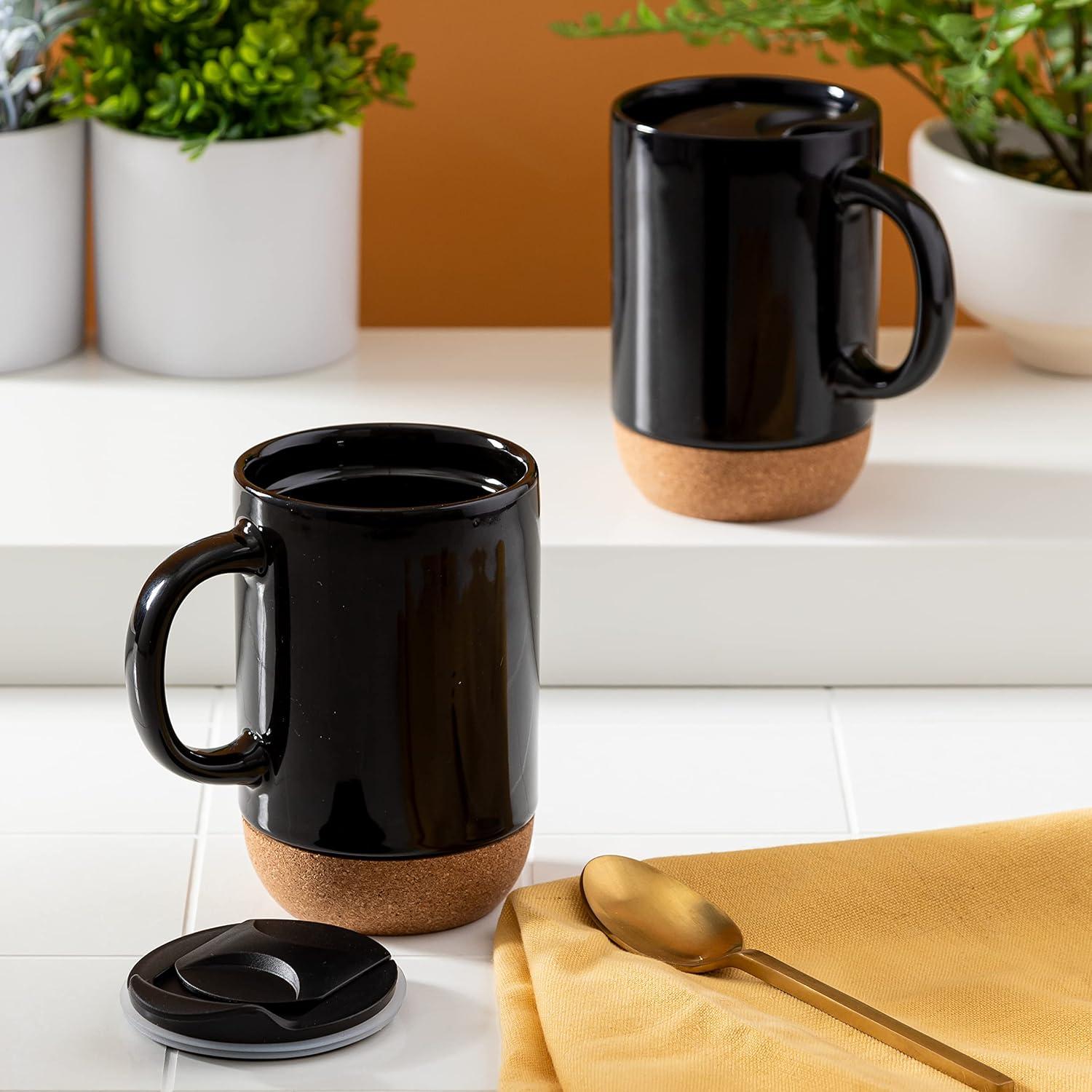 Gibson Home Modani 2 Pack Large 16.5 OZ Ceramic Mugs Set With Removable Cork Bottom And Lid - Black