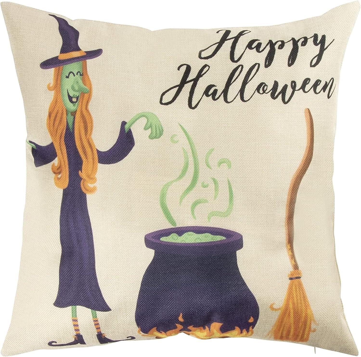 Juvale Set of 4 Fall Halloween Pillow Covers, 4 Spooky Designs, Square Throw Pillowcases for Halloween Decor (18 x 18 in)