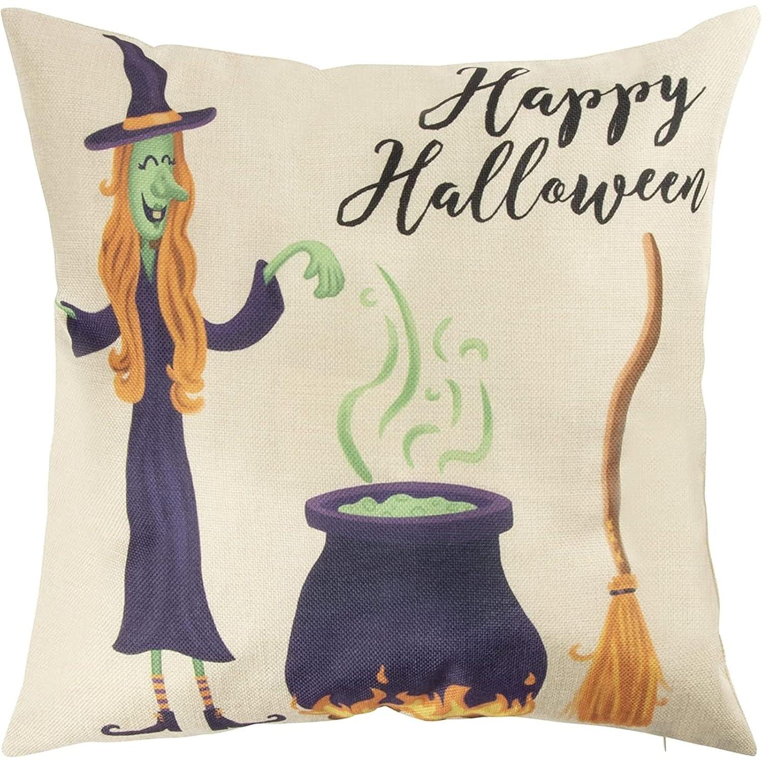 Juvale Set of 4 Fall Halloween Pillow Covers, 4 Spooky Designs, Square Throw Pillowcases for Halloween Decor (18 x 18 in)