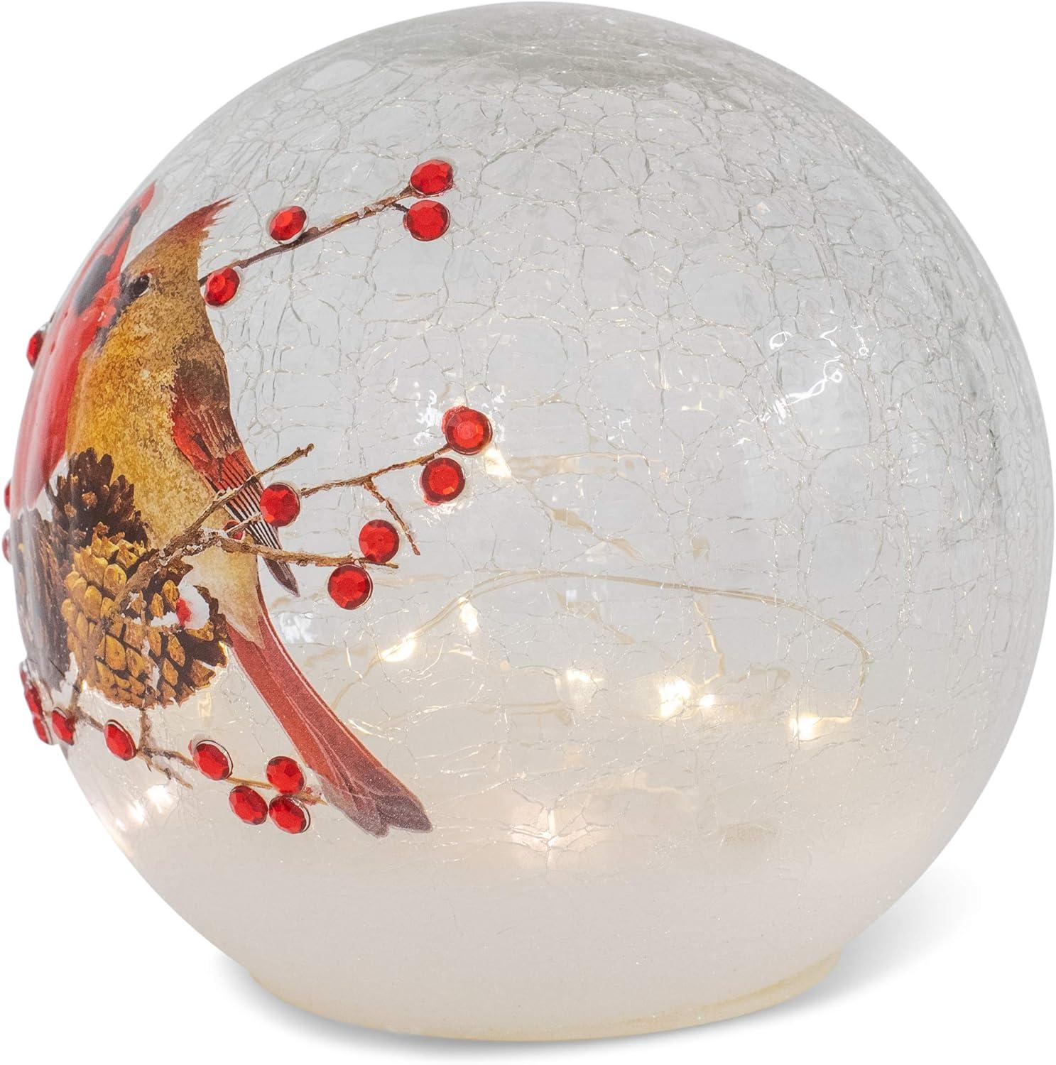 Mark Feldstein & Associates Woodland Cardinal Pair Rosy Red 6 x 6 Crackle Glass LED Lighted Holiday Globe