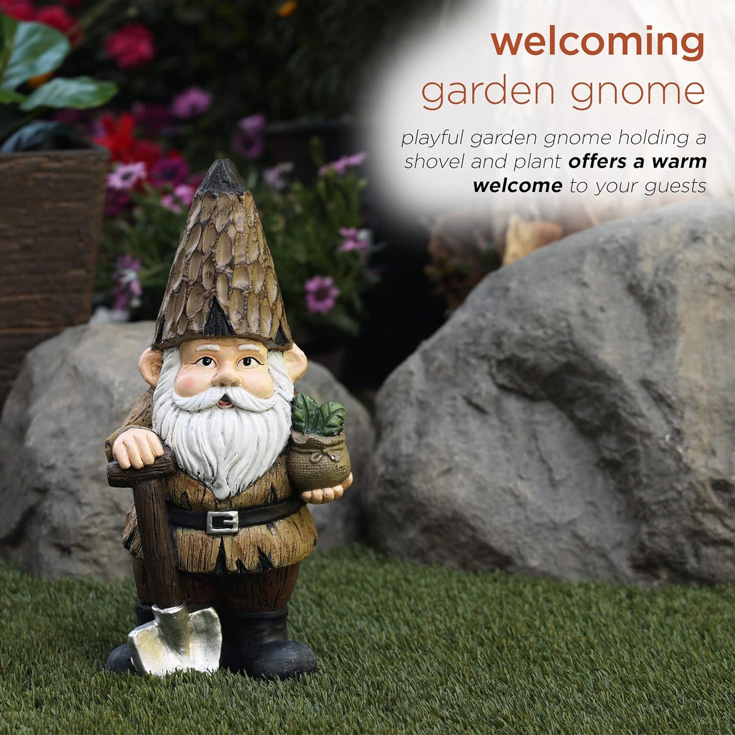 Alpine Corporation 7" x 6" x 16" Polystone Gnome with Shovel Garden Statue, Brown