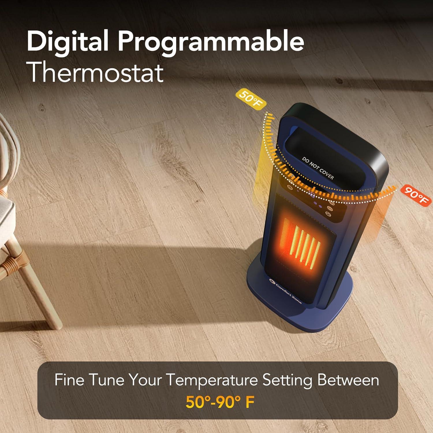 Comfort Zone 26" Oscillating Digital Tower Heater with Remote Control for Indoor Use, Adjustable Thermostat, Timer, Overheat Protection, Tip-Over Switch, Ideal for Home, Bedroom, & Office, HT1206-NVY