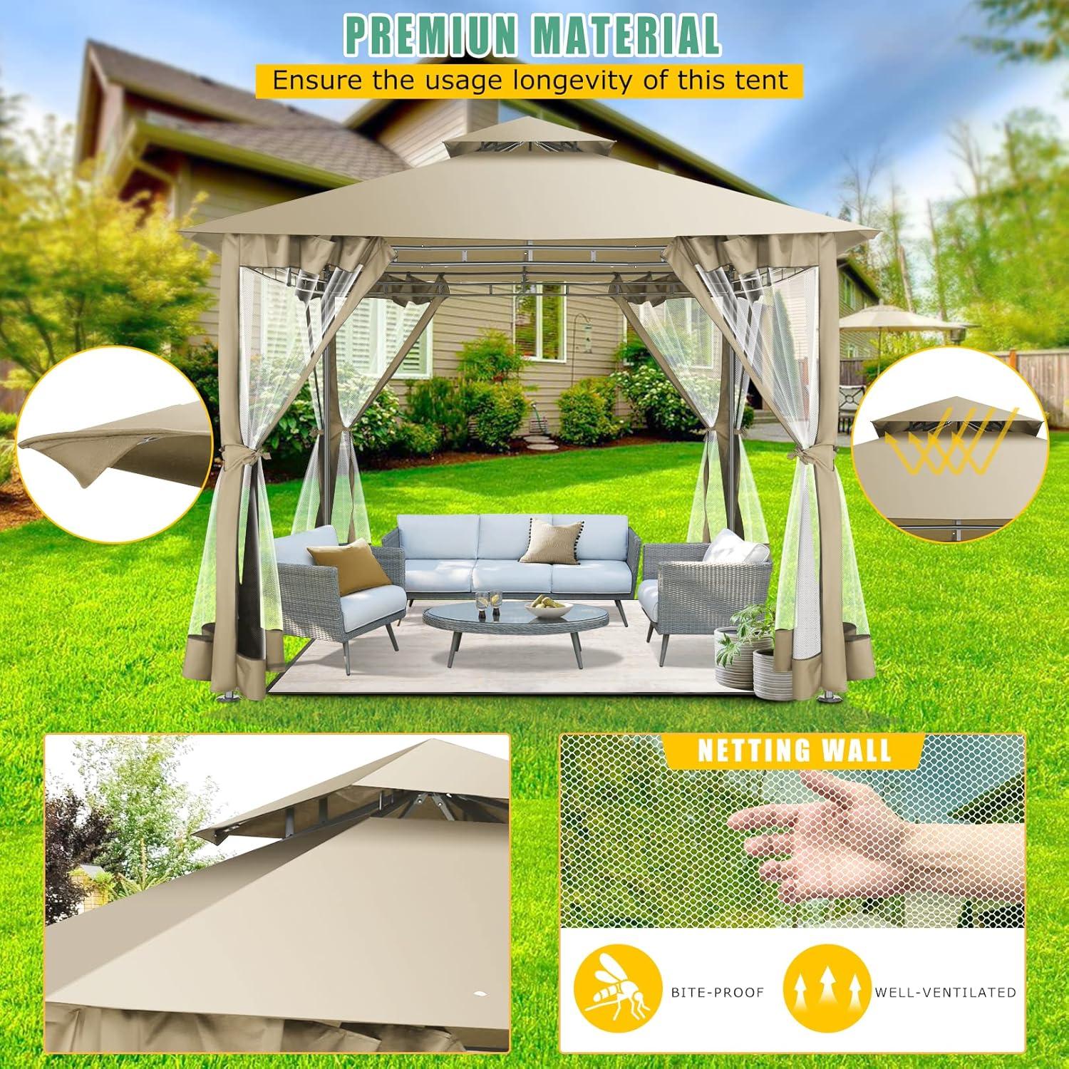 HOTEEL 10x20 Gazebo on Clearance, Outdoor Gazebo Tent with Mosquito Netting and Ventilated Double Flat Roof, Easy Set up Canopy Tent with Stable Metal Frame for Patio, Khaki (Upgraded 2.0)