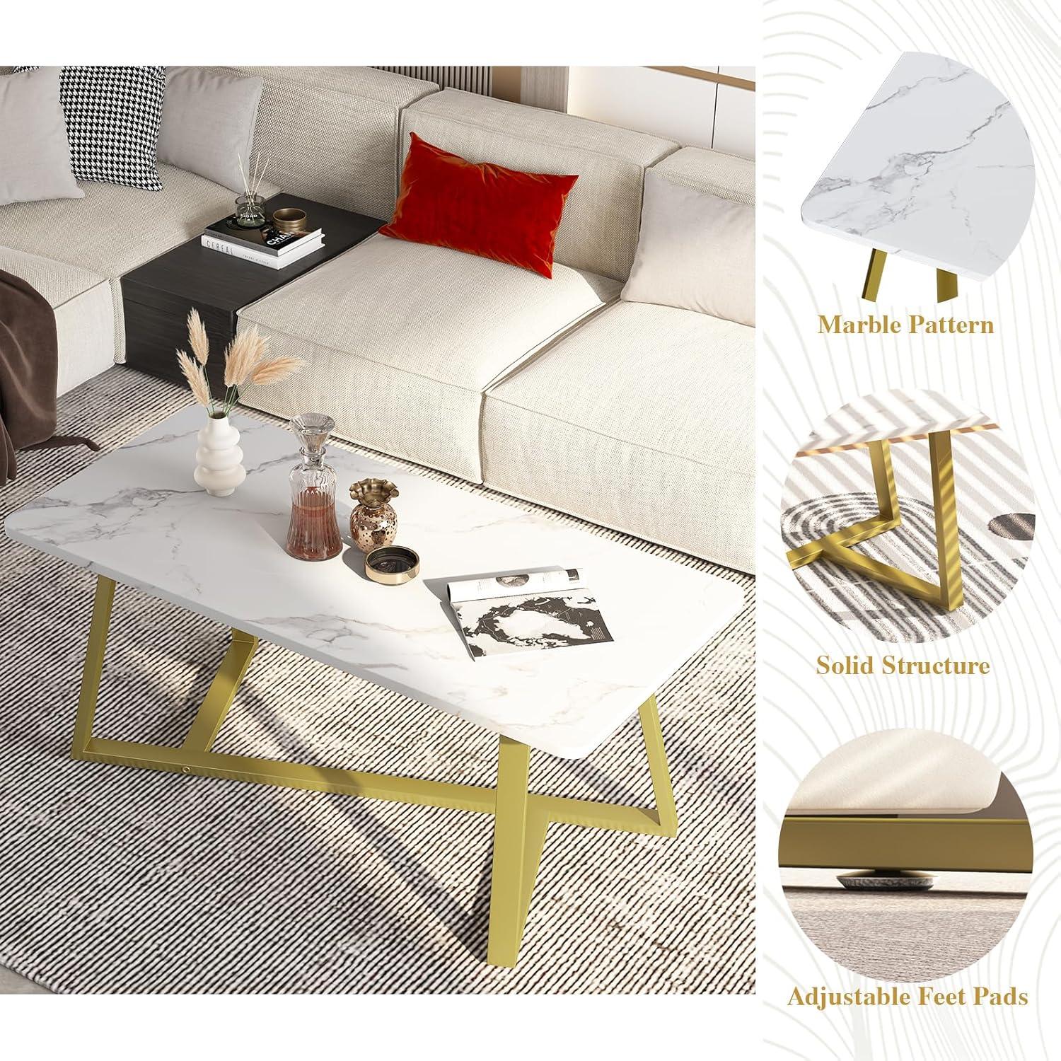 White Faux Marble Rectangular Coffee Table with Gold Metal Legs