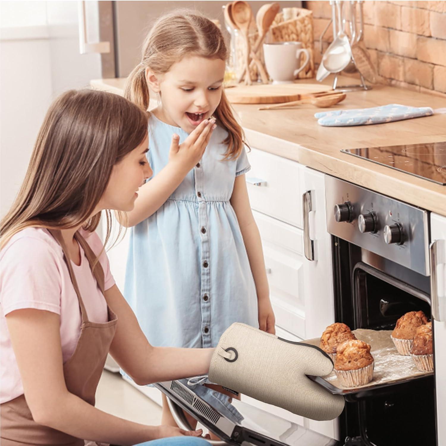 Frigidaire Sasha Cotton and Neoprene Oven Mitts, Heat Resistant, Anti-Slip, Machine Washable,13”x7”,Beige,Set of 2