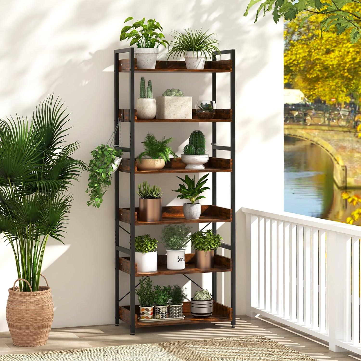 Costway 6-Tier Bookshelf Open Display Shelves Storage Rack Metal Frame with 4 Hooks Rustic