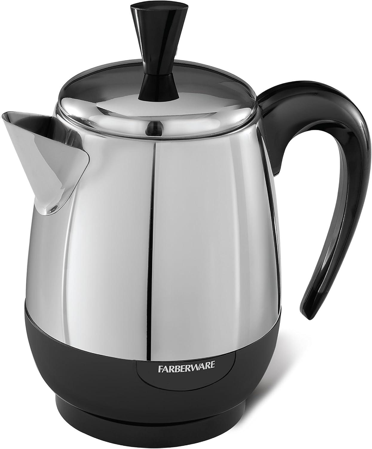 Farberware Electric Coffee Percolator, FCP240, Stainless Steel Basket, Automatic Keep Warm, No-Drip Spout, 4 Cup