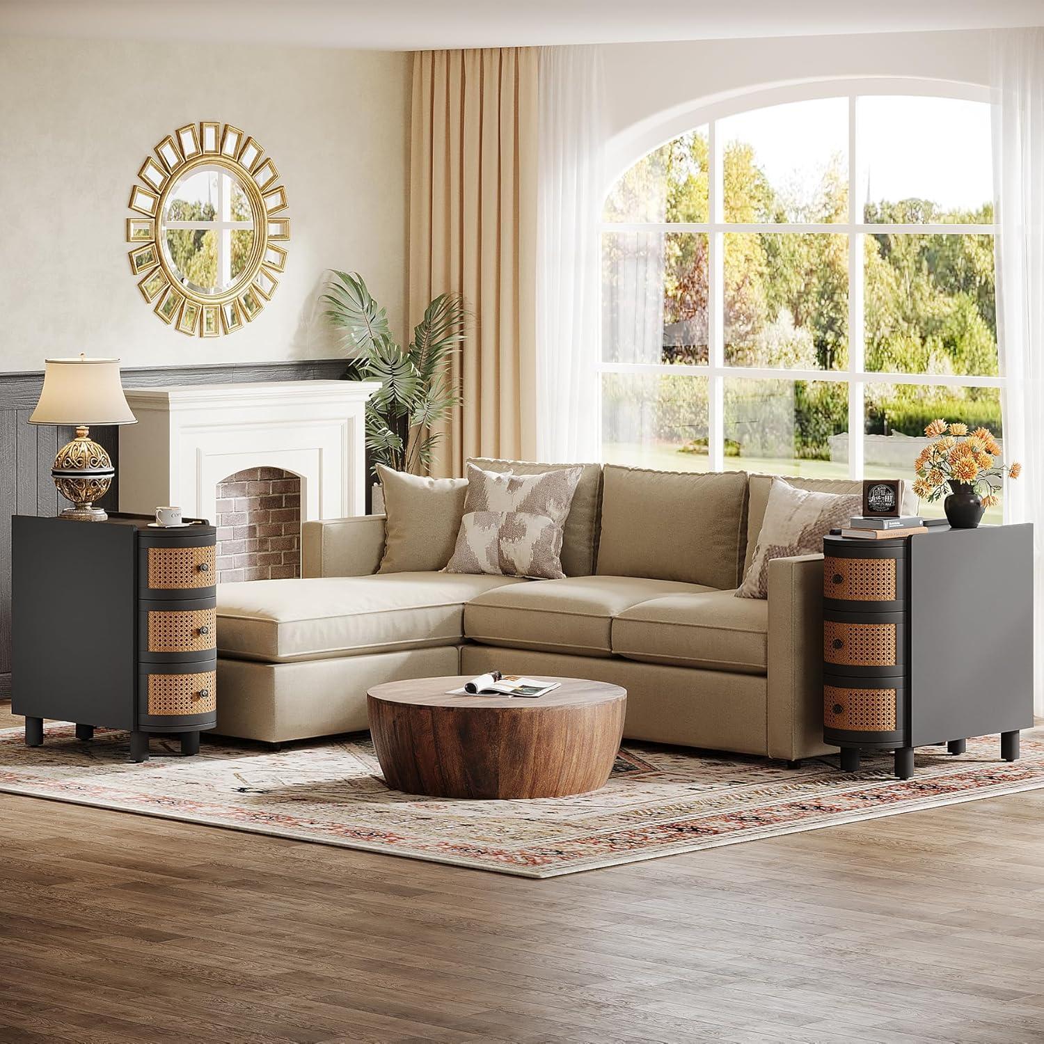 Canddidliike Wood End Table, 3-Drawer Side Table NightStand with 3 Rattan Drawers, End Table for Bedroom, Black