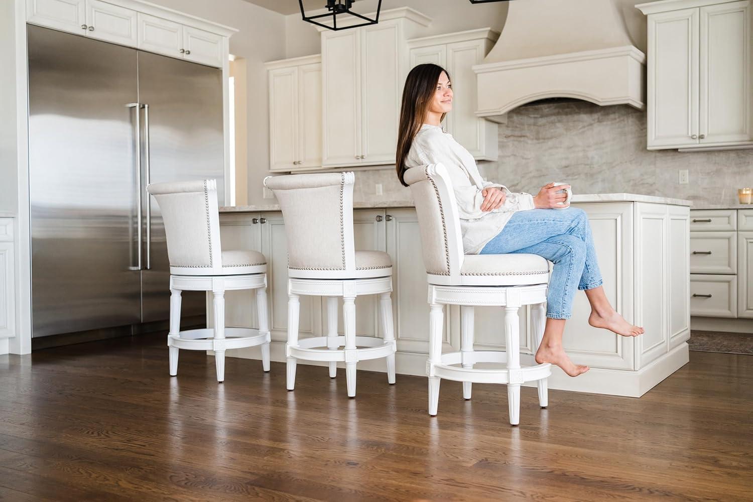 Maven Lane Pullman 26 Inch Tall Counter Height Upholstered Barstool with Back in Weathered Oak Finish with Sand Color Fabric Cushion Seat, Set of 4