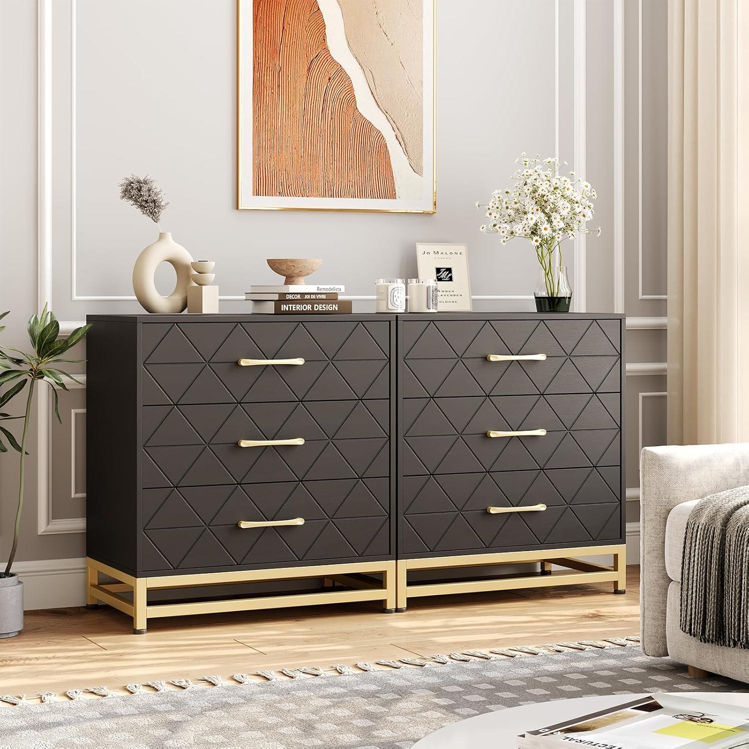 FOLDLIFE 3 Drawer Wood Dresser with Storage, Modern Chest of Drawers for Bedroom or Closet, Stylish Nightstand with Gold Handles