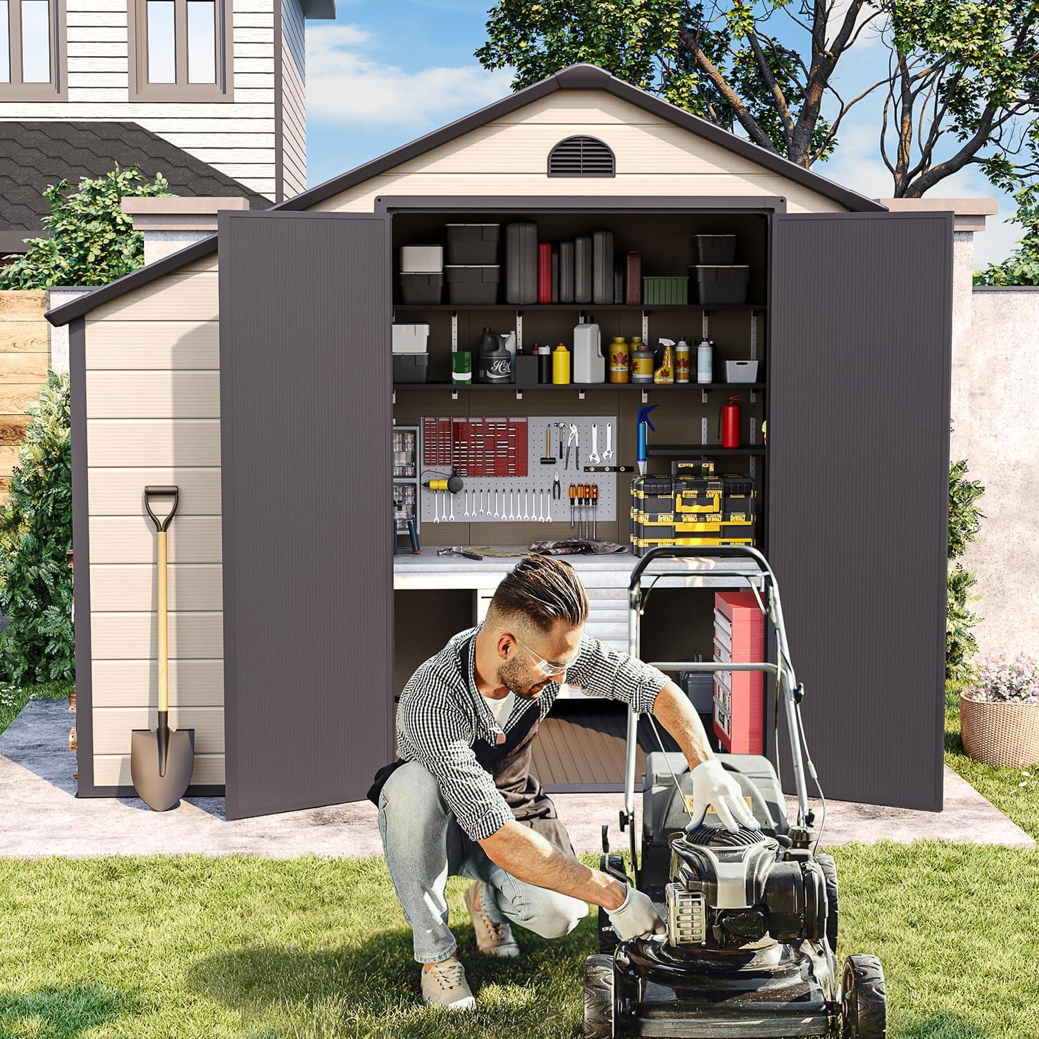 Outdoor Storage Shed 8.5x6.3 ft, Resin Storage Shed & Firewood Rack, Patio Storage Sheds Outdoor with Floor, Lockable Door, Airflow Vent, Multi-Purpose Storage Shed Room for Backyard, Garden, Lawn