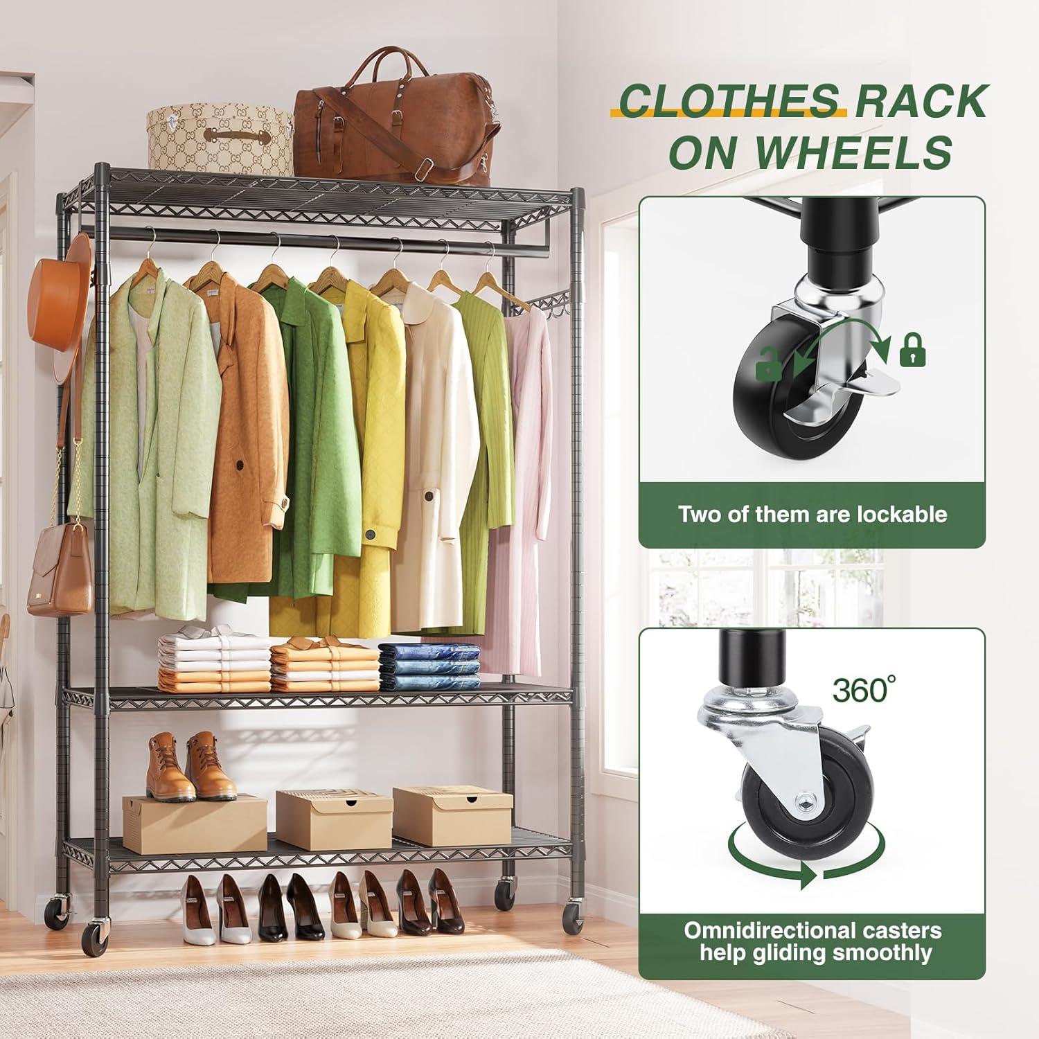 LEHOM G1L 3 Tiers Garment Rack with Storage Shelves, Heavy Duty Rolling Free-Standing Clothing Rack Closet Organizer with Double Rods/Lockable Wheels & 2 Pairs Side Hooks, Max Load 450 LBS, Black