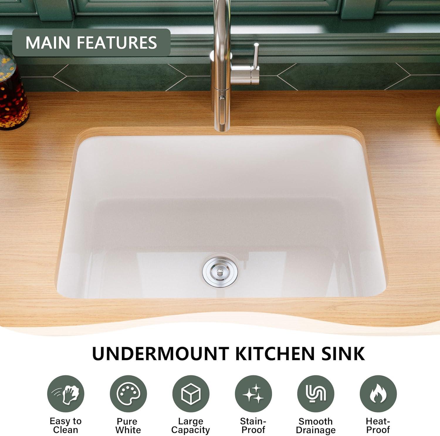 32" L x 19" W Single Bowl Fireclay Kitchen Sinks White with Bottom Grids and Basket Strainer