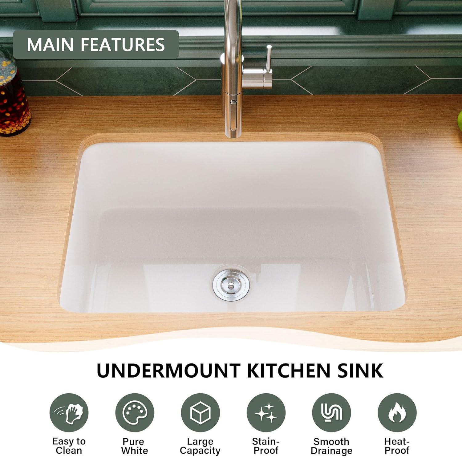 32" L x 19" W Single Bowl Fireclay Kitchen Sinks White with Bottom Grids and Basket Strainer