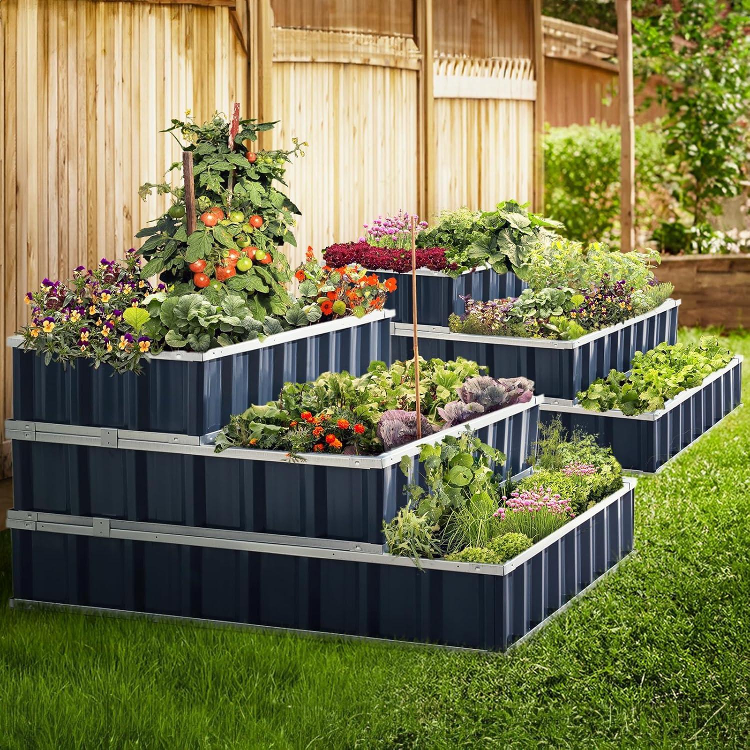 46" x 46" x 23.6" Dark Grey Galvanized Steel 3-Tier Raised Garden Bed