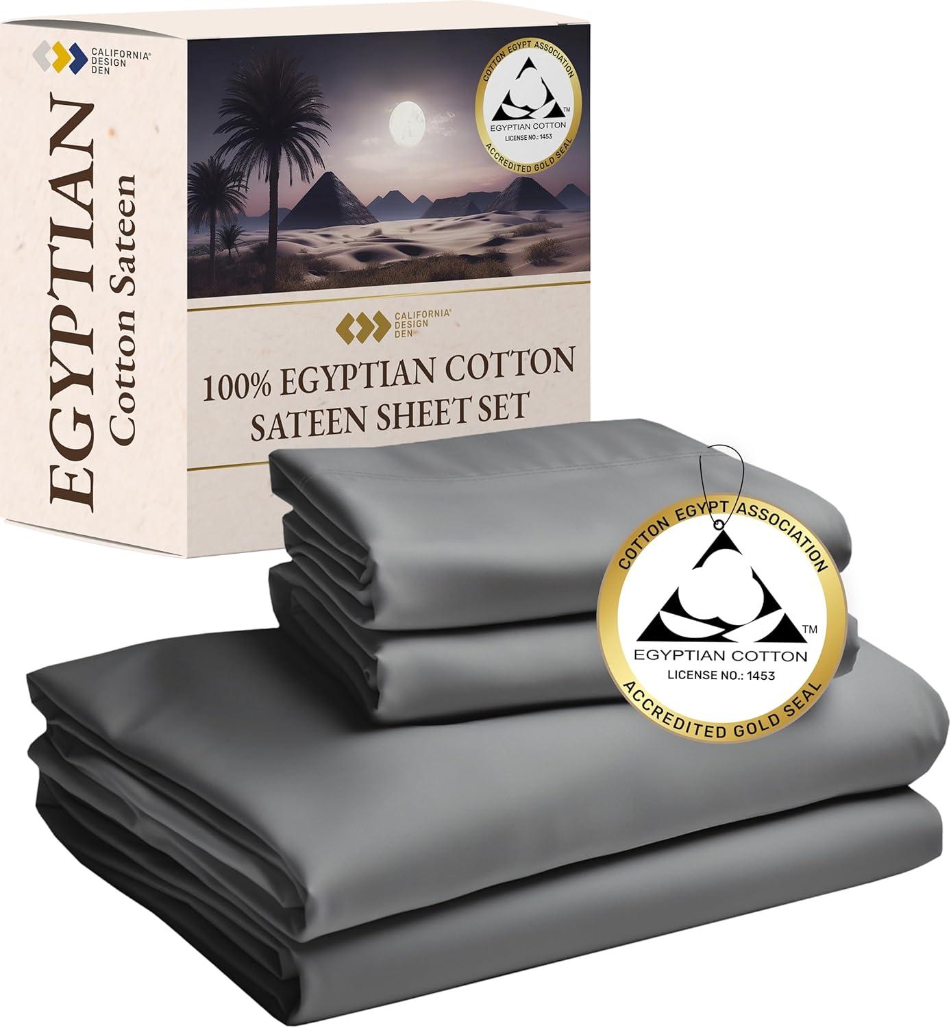 California Design Den Certified 100% Egyptian Cotton Queen Sheets Set, Cotton Bed Sheets, 4 Piece Bedding Sheets & Pillowcases Set, Charcoal Grey