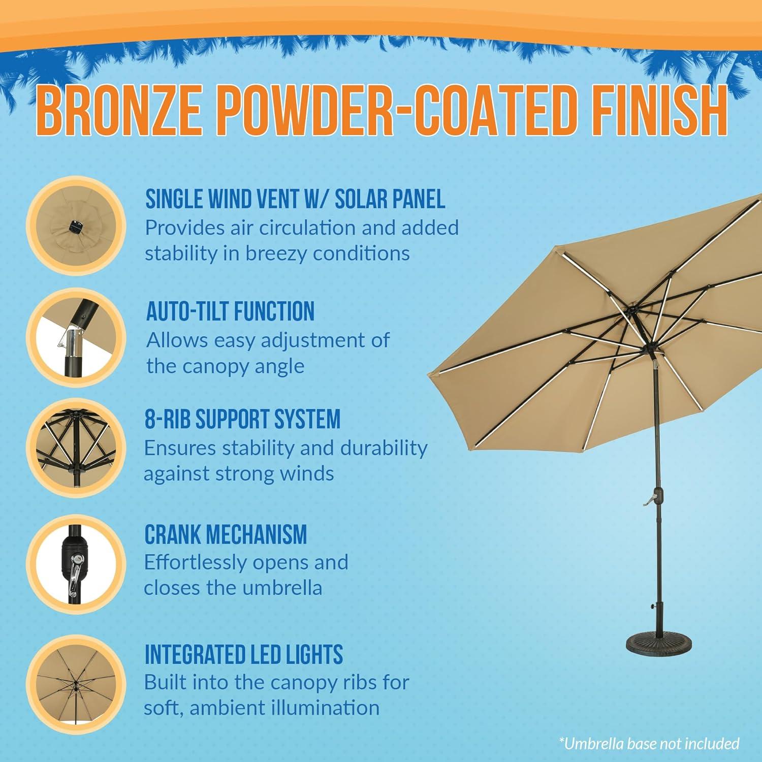 11' x 11' Calypso II Market Patio Umbrella with Solar LED Strip Lights Champagne - Island Umbrella