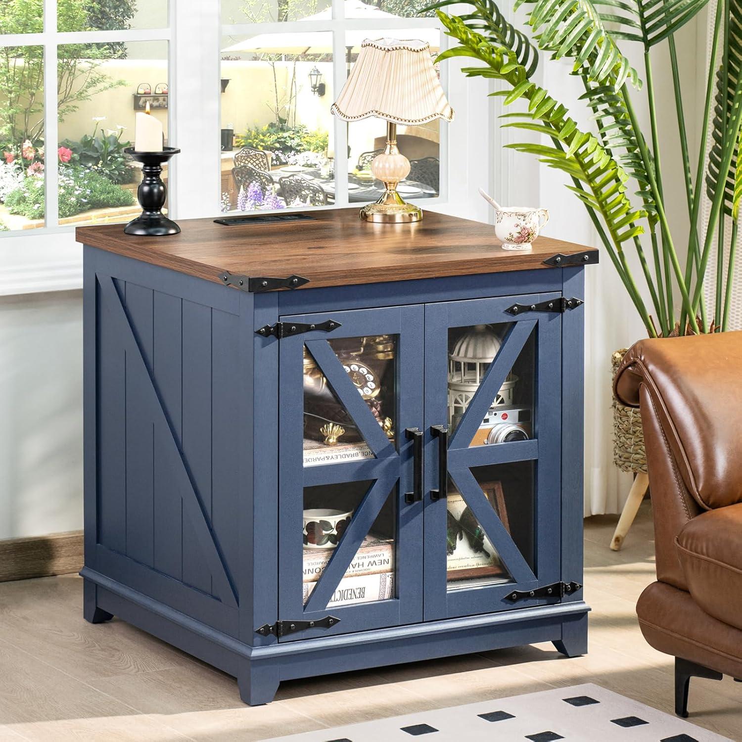 Blue Farmhouse Wood and Glass End Table with Storage